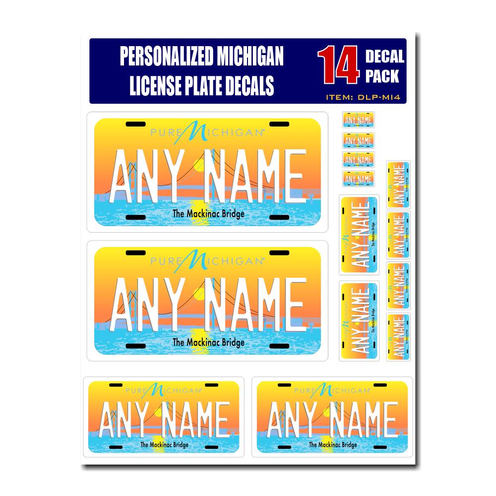 Personalized Michigan License Plate Decals - Stickers Version 4 ( Sheet of 14 Stickers )