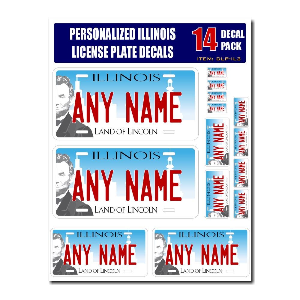 Personalized Illinois License Plate Decals - Stickers Version 3 ( Sheet of 14 Stickers )