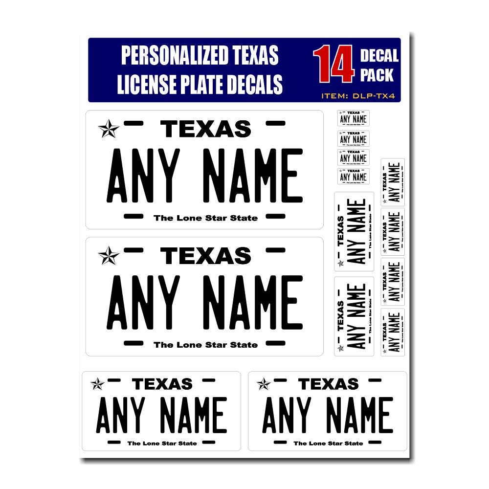 Personalized Texas License Plate Decals - Stickers Version 4 ( Sheet of 14 Stickers )