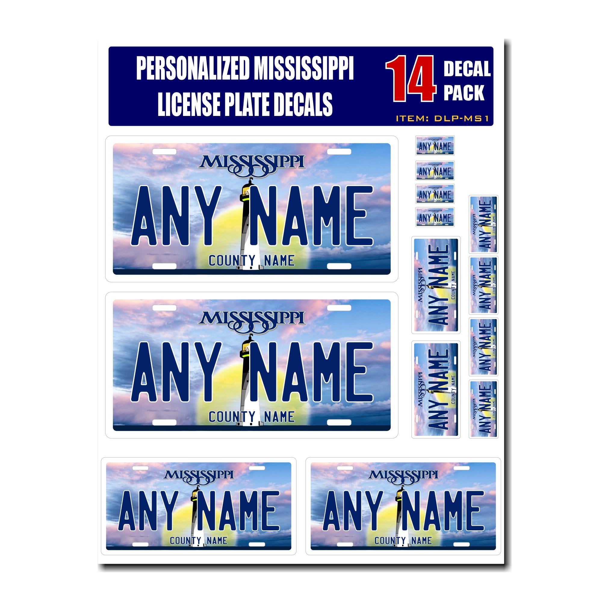 Personalized Mississippi License Plate Decals - Stickers Version 1 ( Sheet of 14 Stickers )