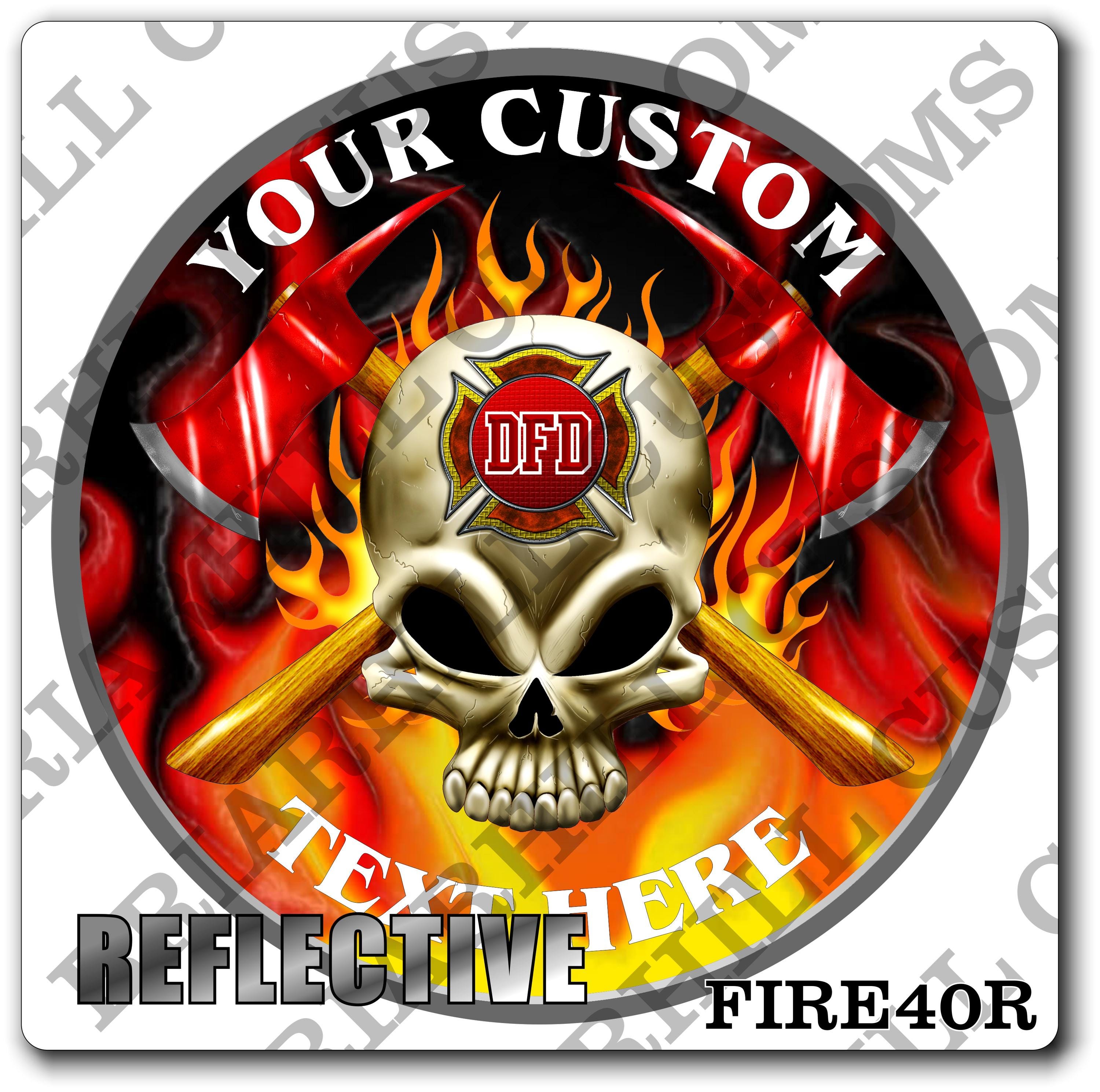 Custom Reflective Fire Department Skull, Flames and Axes Decal, Sticker (FireDecal40R)