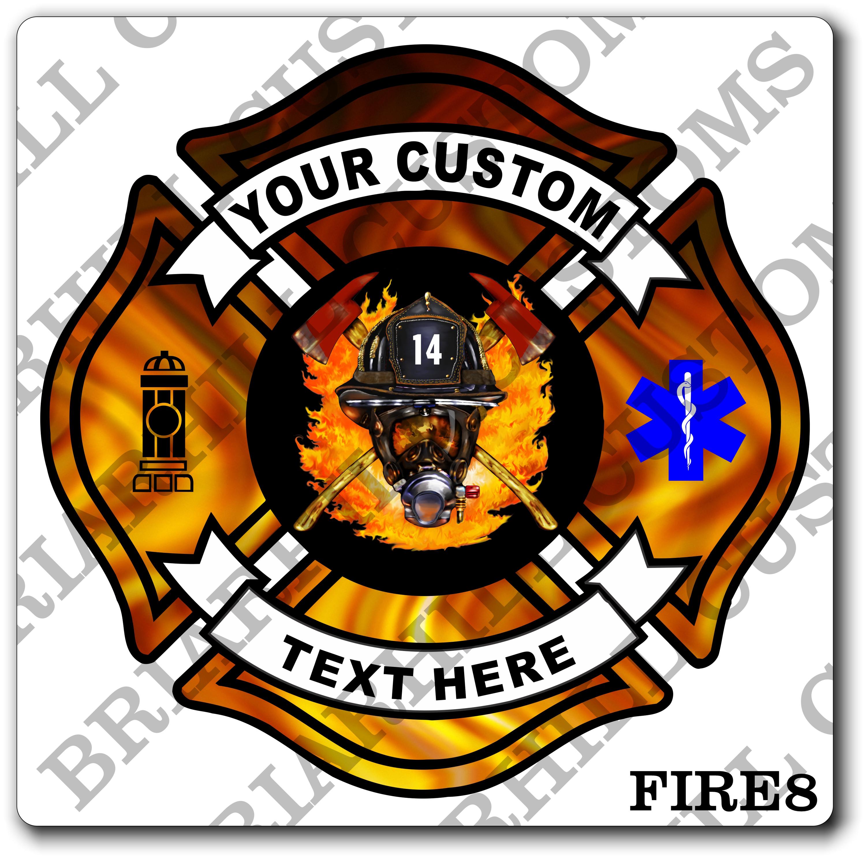 Custom Reflective Fire Department Flames Helmet & Axes Maltese Decal, Sticker (FireDecal8R)