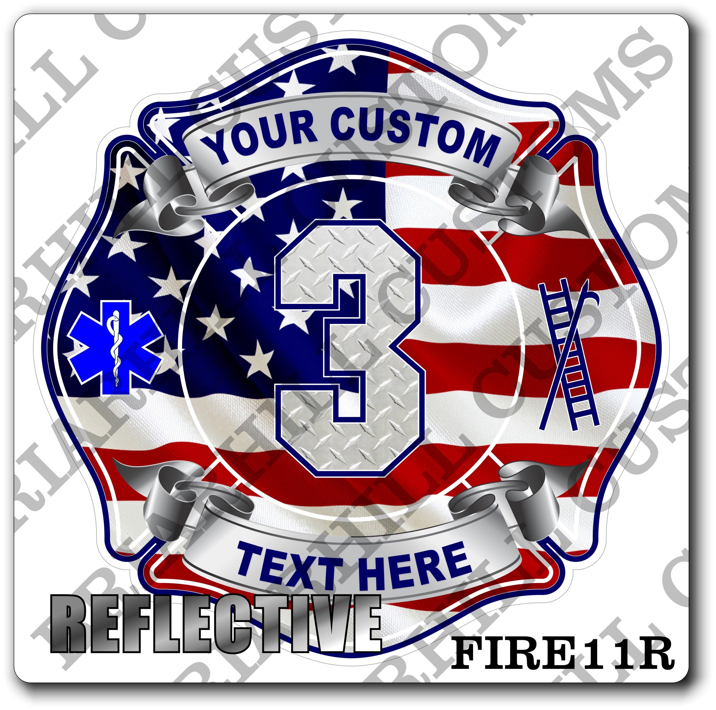 Custom Reflective Fire Department American Flag Diamond Plate Maltese Decal, Sticker (FireDecal11R)