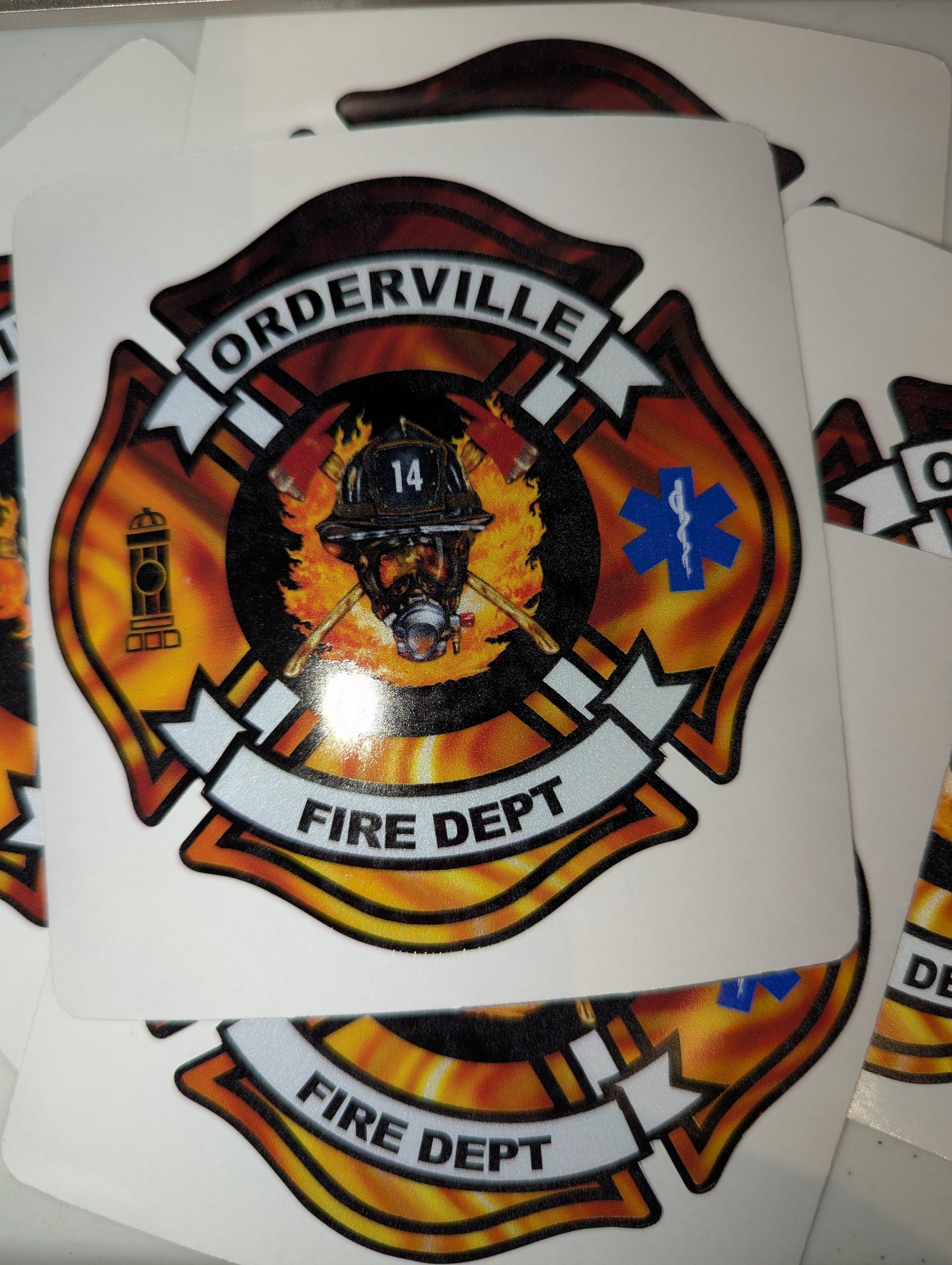 Custom Reflective Fire Department Flames Helmet & Axes Maltese Decal, Sticker (FireDecal8R)