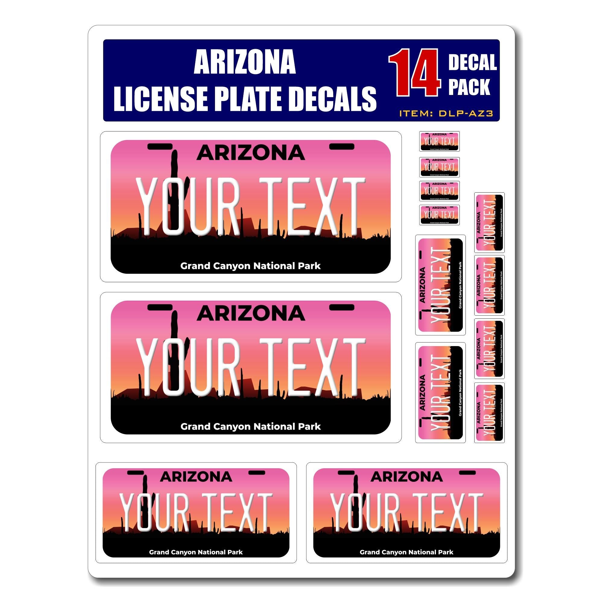 Personalized Arizona License Plate Decals - Stickers Version 3 ( Sheet of 14 Stickers )