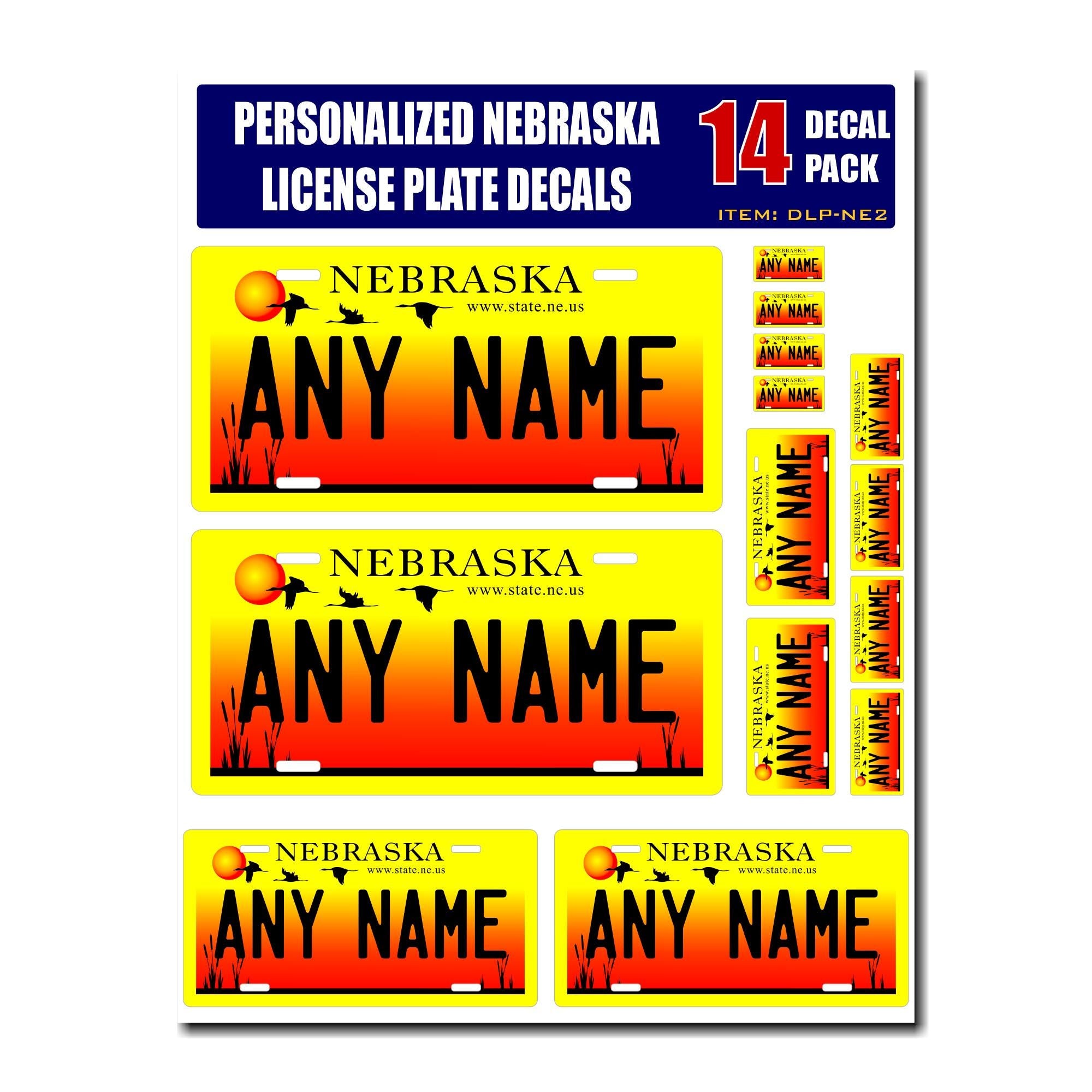 Personalized Nebraska License Plate Decals - Stickers Version 2 ( Sheet of 14 Stickers )