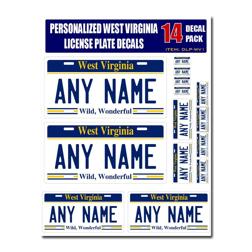 Personalized West Virginia License Plate Decals - Stickers Version 1 ( Sheet of 14 Stickers )