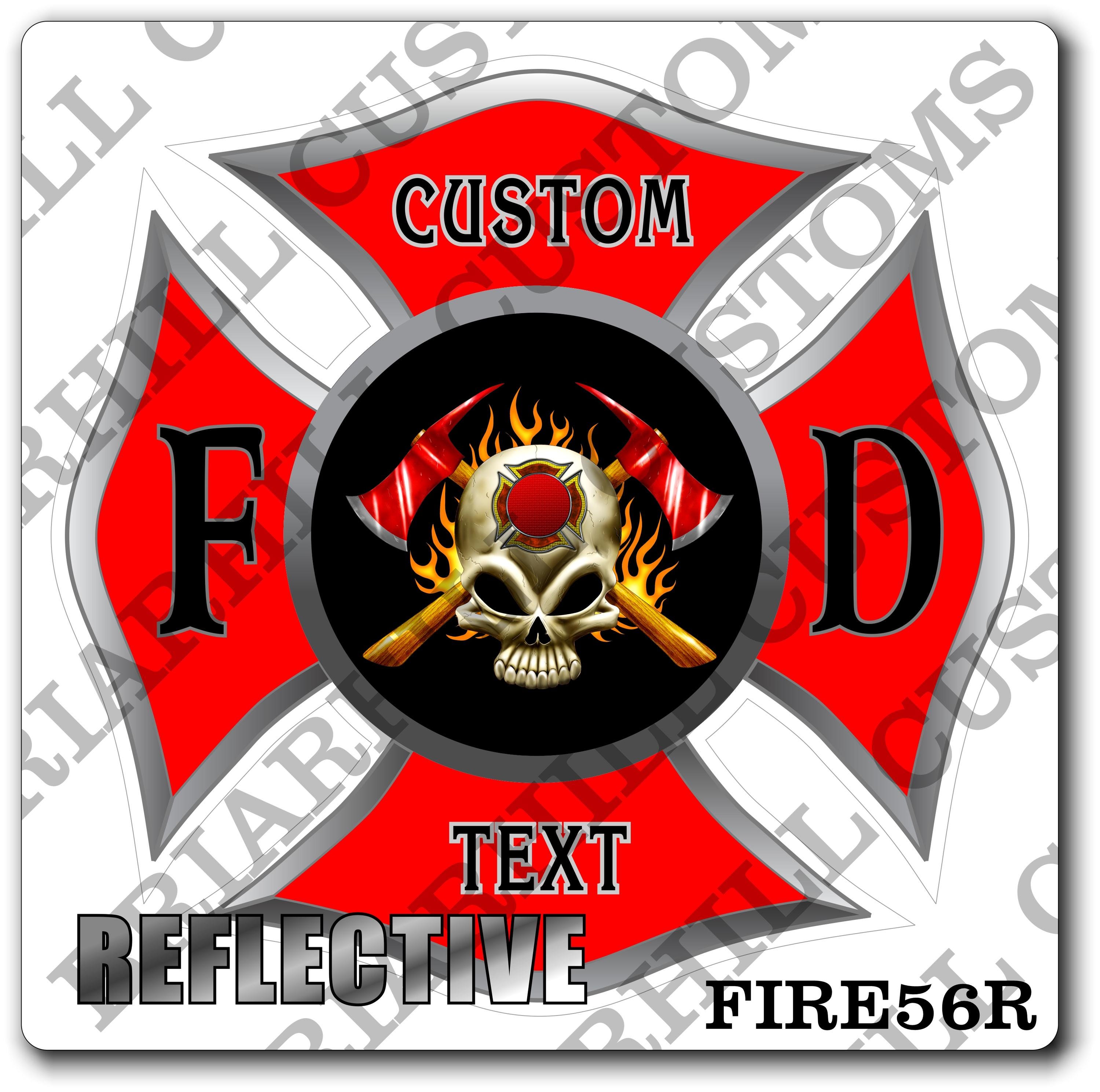 Custom Reflective Fire Department Red Maltese with Skull and Axes Decal, Sticker (FireDecal56R)