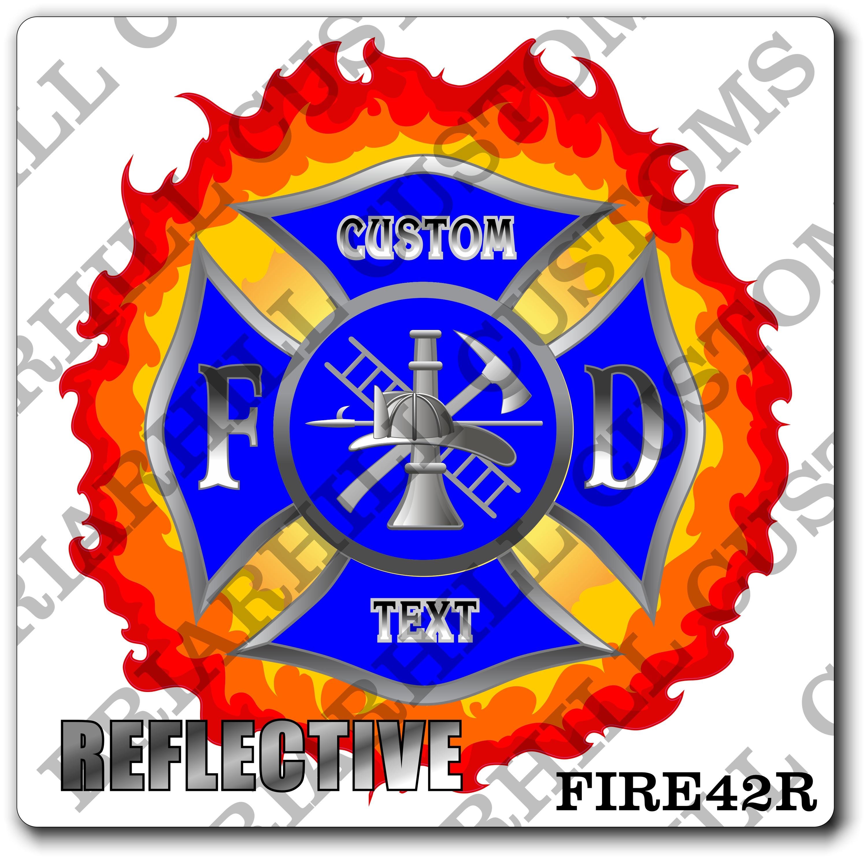 Custom Reflective Fire Department Flames Blue Maltese Decal, Sticker (FireDecal42R)