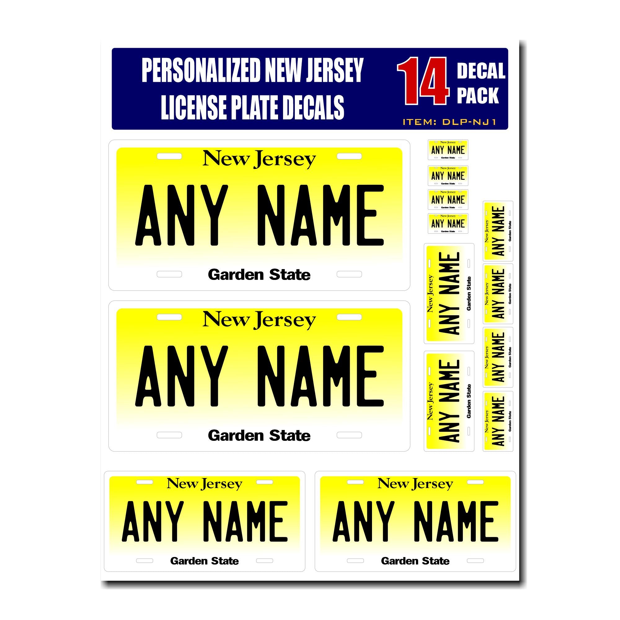 Personalized New Jersey License Plate Decals - Stickers Version 1 ( Sheet of 14 Stickers )