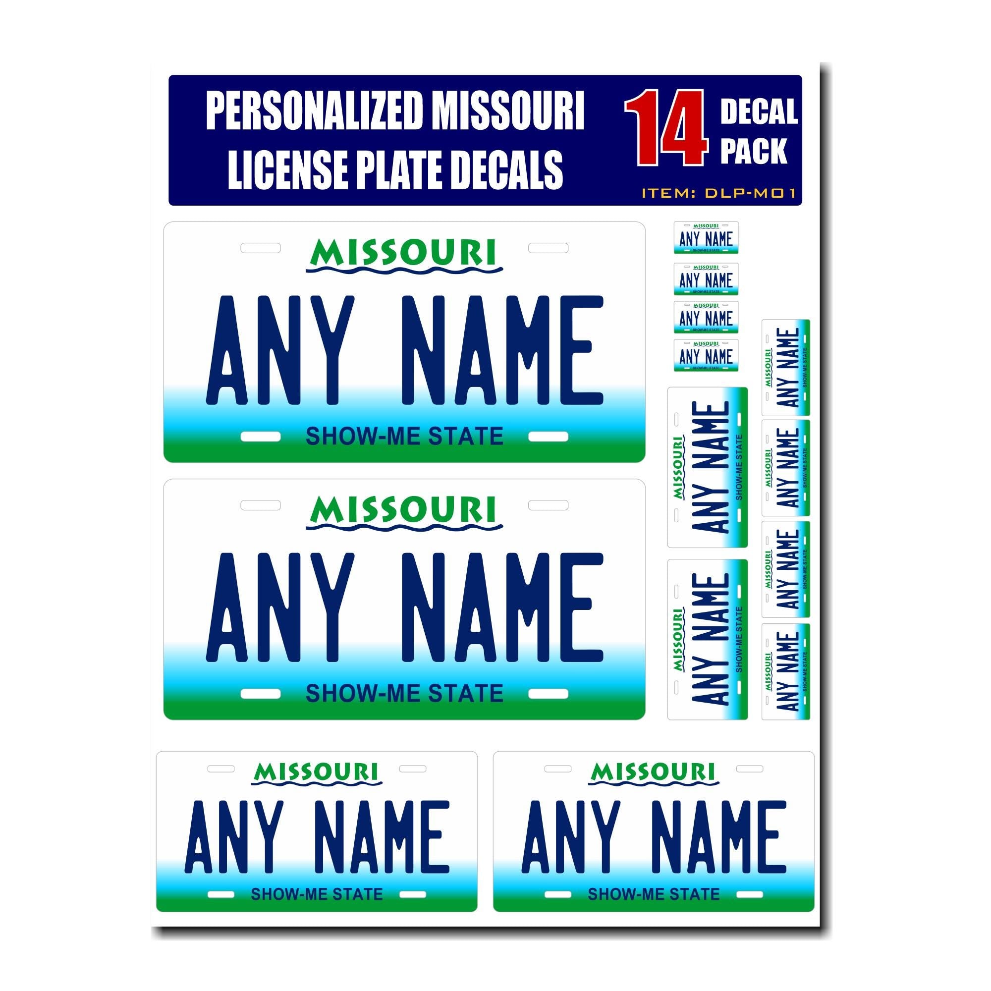 Personalized Missouri License Plate Decals - Stickers Version 1 ( Sheet of 14 Stickers )