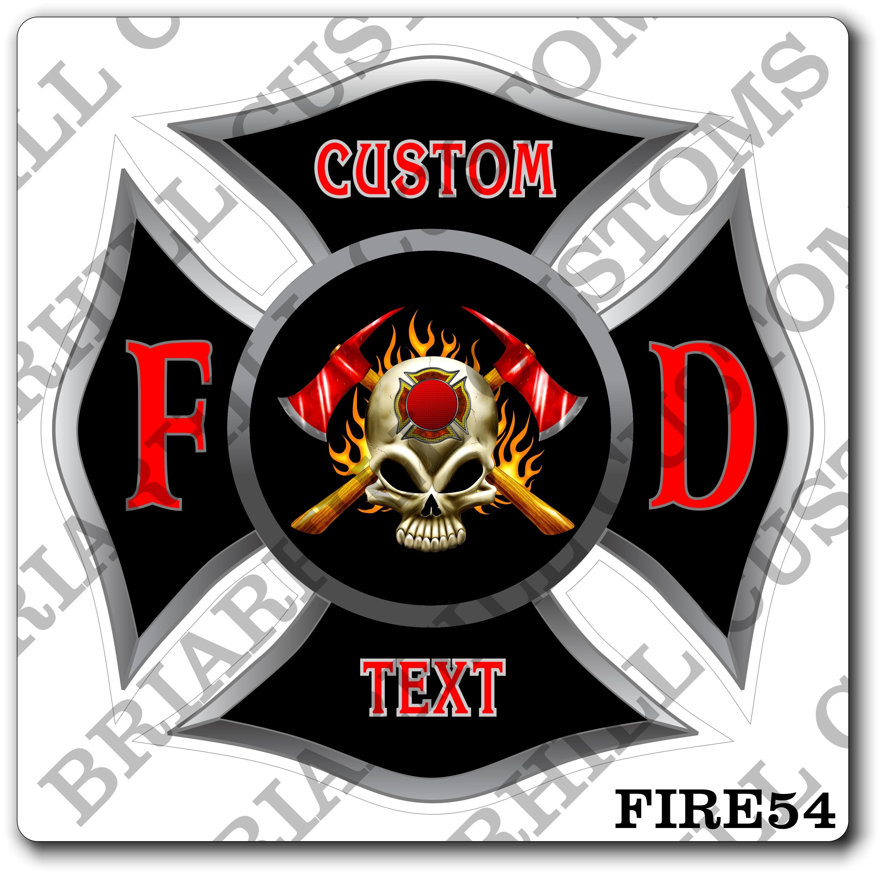 Custom Reflective Fire Department Black Maltese with Skull and Axes Decal, Sticker (FireDecal54R)