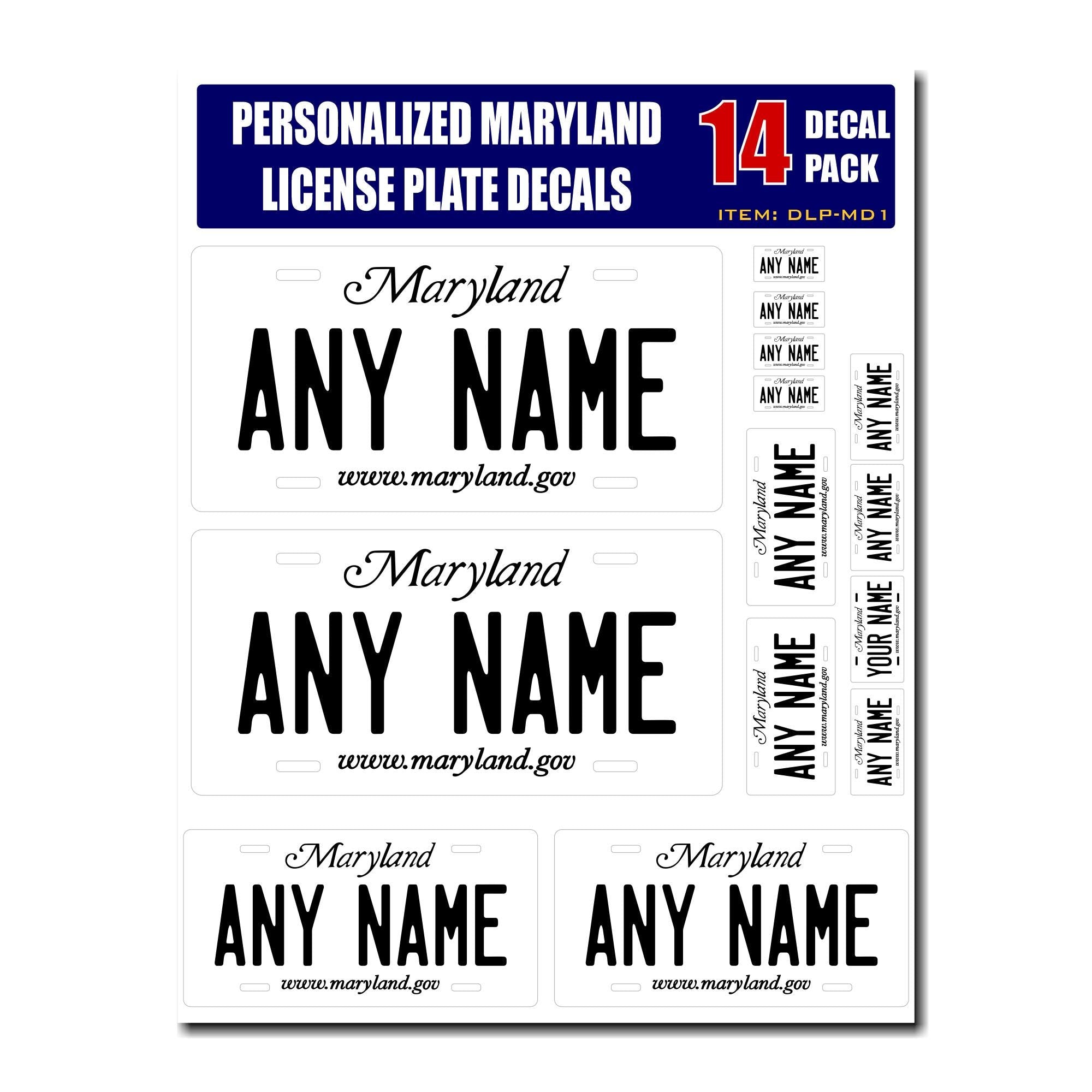 Personalized Maryland License Plate Decals - Stickers Version 1 ( Sheet of 14 Stickers )