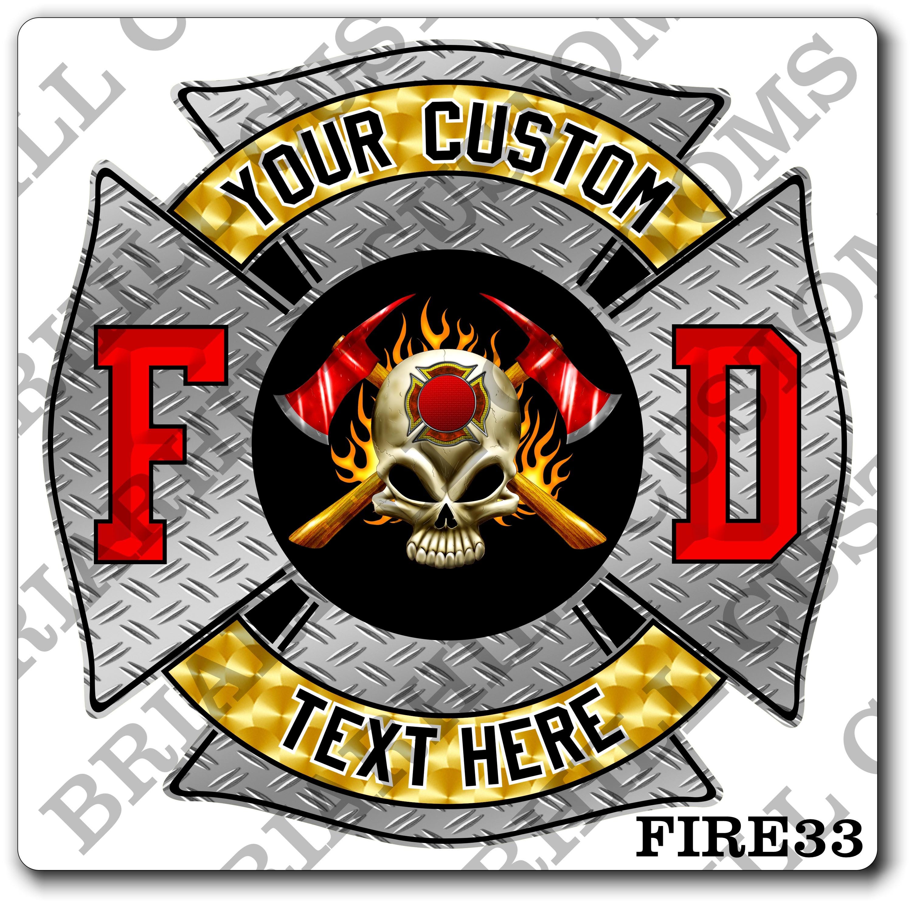 Custom Fire Department Flames Skull & Axes, Diamond Plate Maltese Decal, Sticker (FireDecal33)