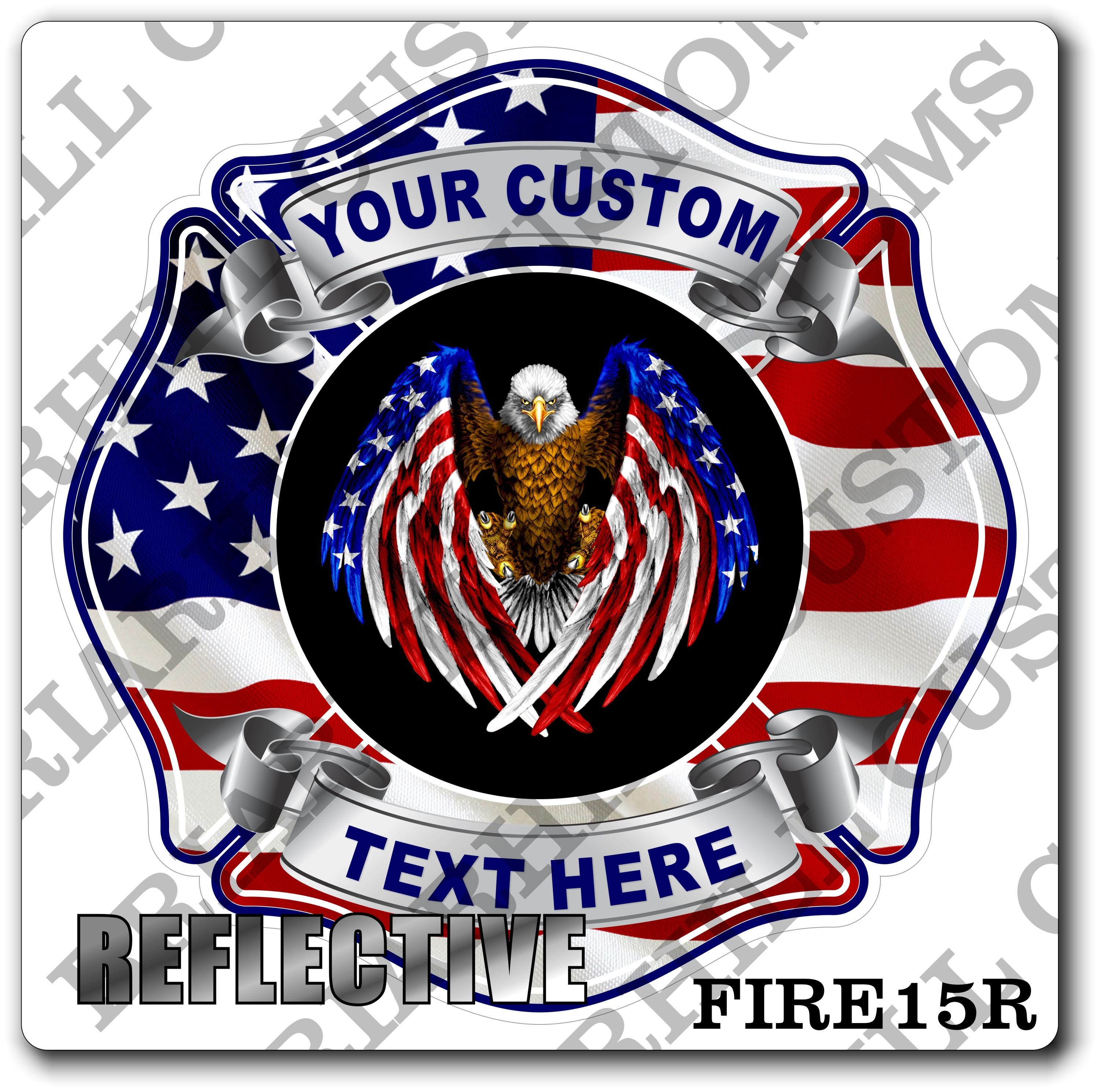 Custom Reflective Fire Department American Flag Eagle Maltese Decal, Sticker (FireDecal15R)