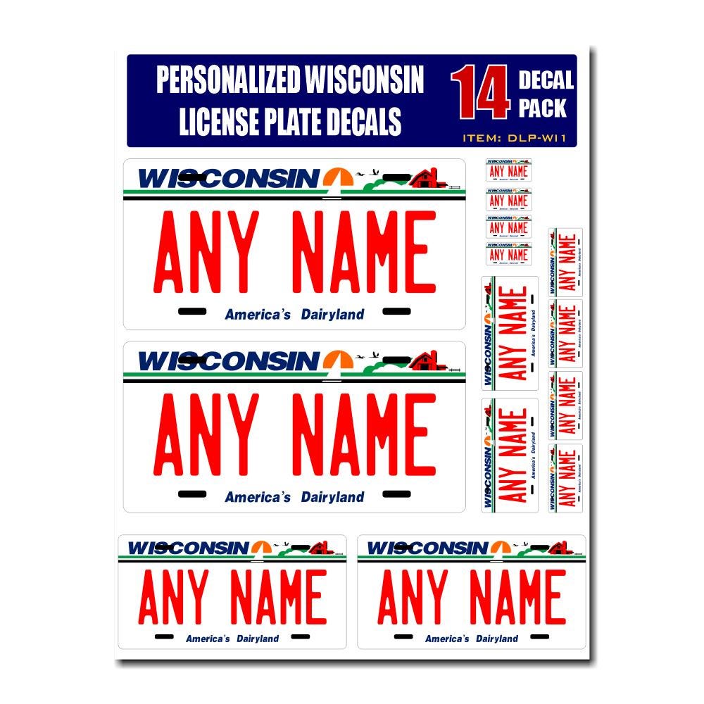 Personalized Wisconsin License Plate Decals - Stickers Version 1 ( Sheet of 14 Stickers )