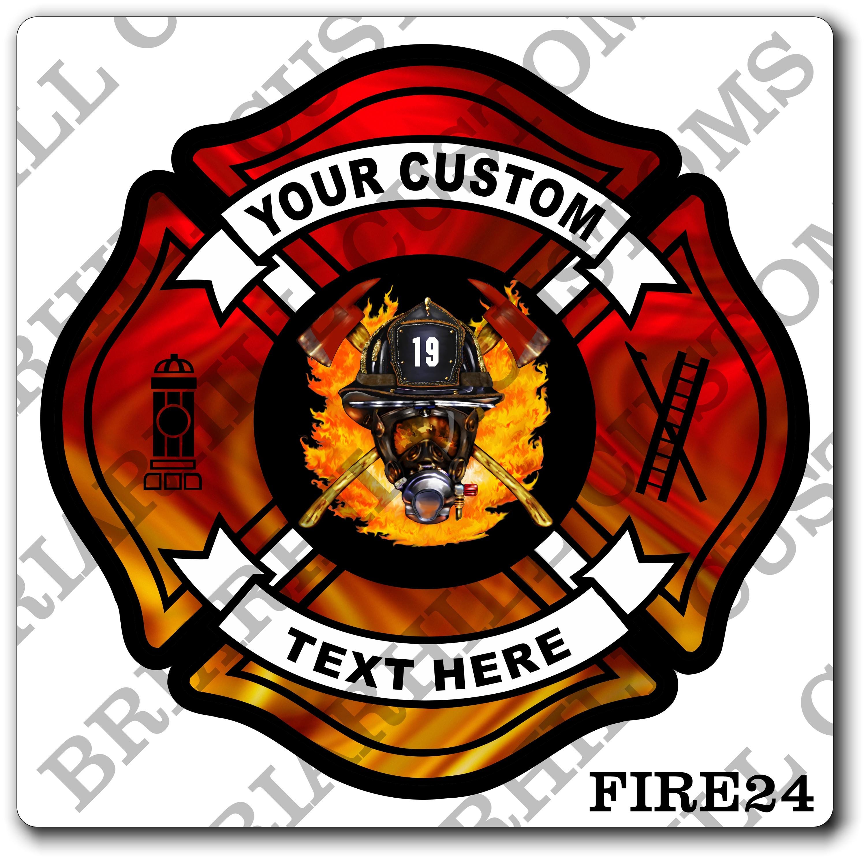 Custom Reflective Fire Department Flames Helmet & Axes Maltese Decal, Sticker (FireDecal24R)