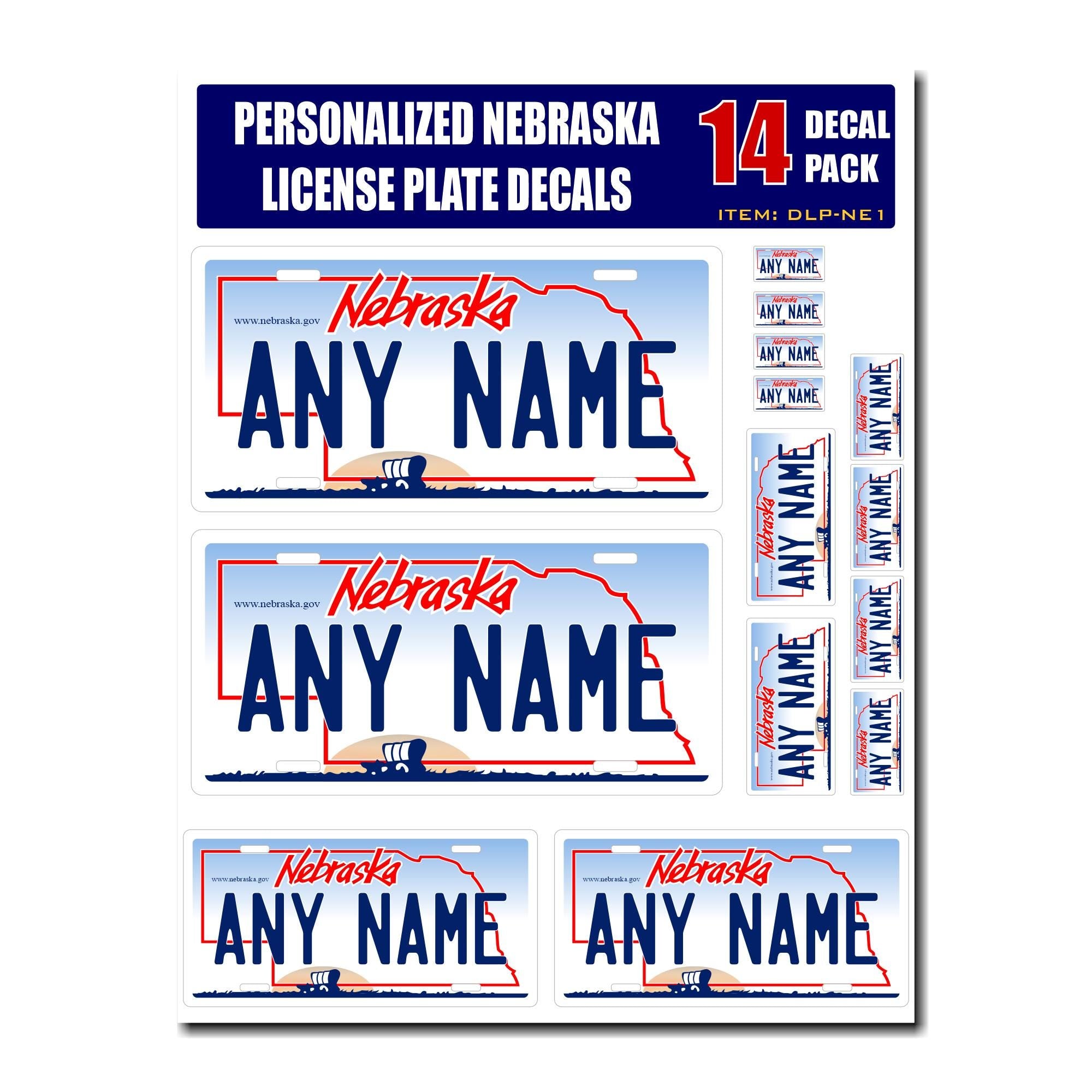 Personalized Nebraska License Plate Decals - Stickers Version 1 ( Sheet of 14 Stickers )