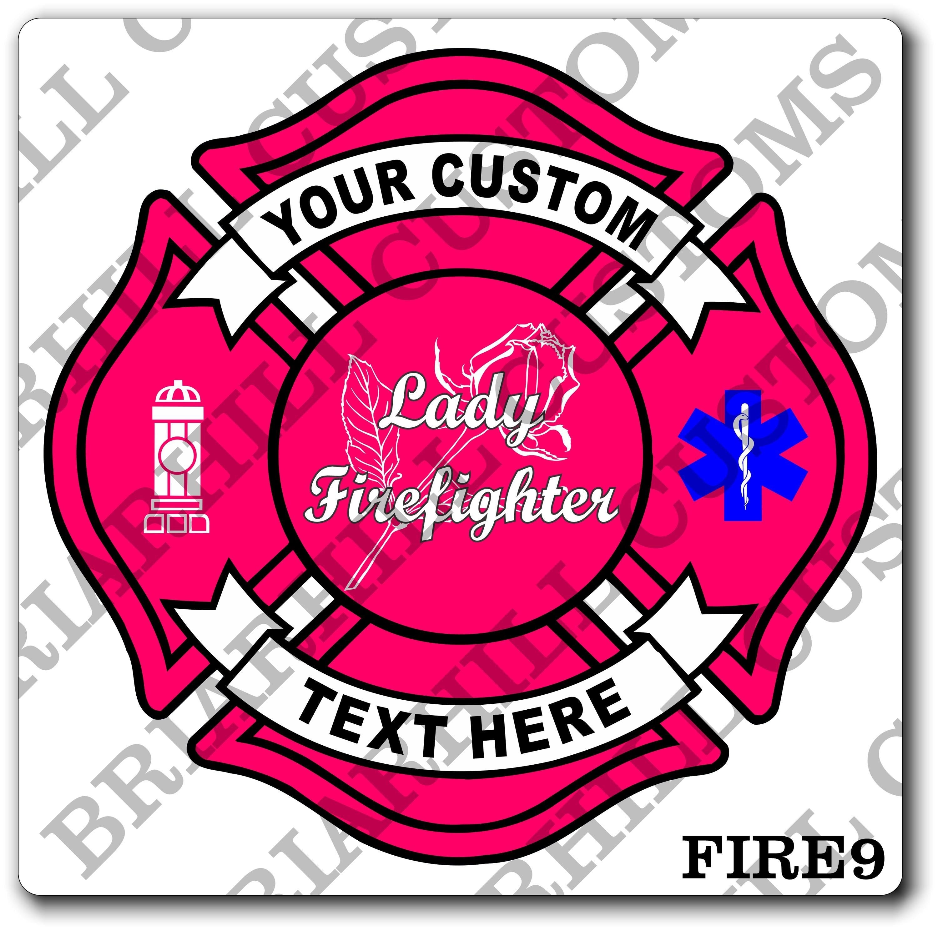 Custom Reflective Fire Department Pink Maltese Rose Lady Firefighter Decal, Sticker (FireDecal9R)
