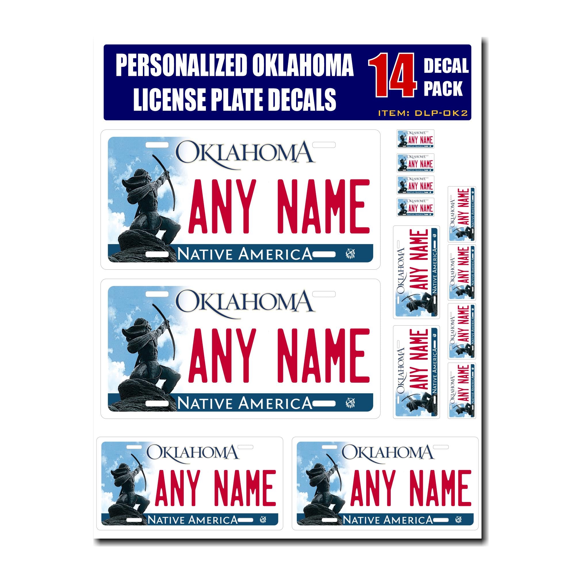 Personalized Oklahoma License Plate Decals - Stickers Version 2 ( Sheet of 14 Stickers )