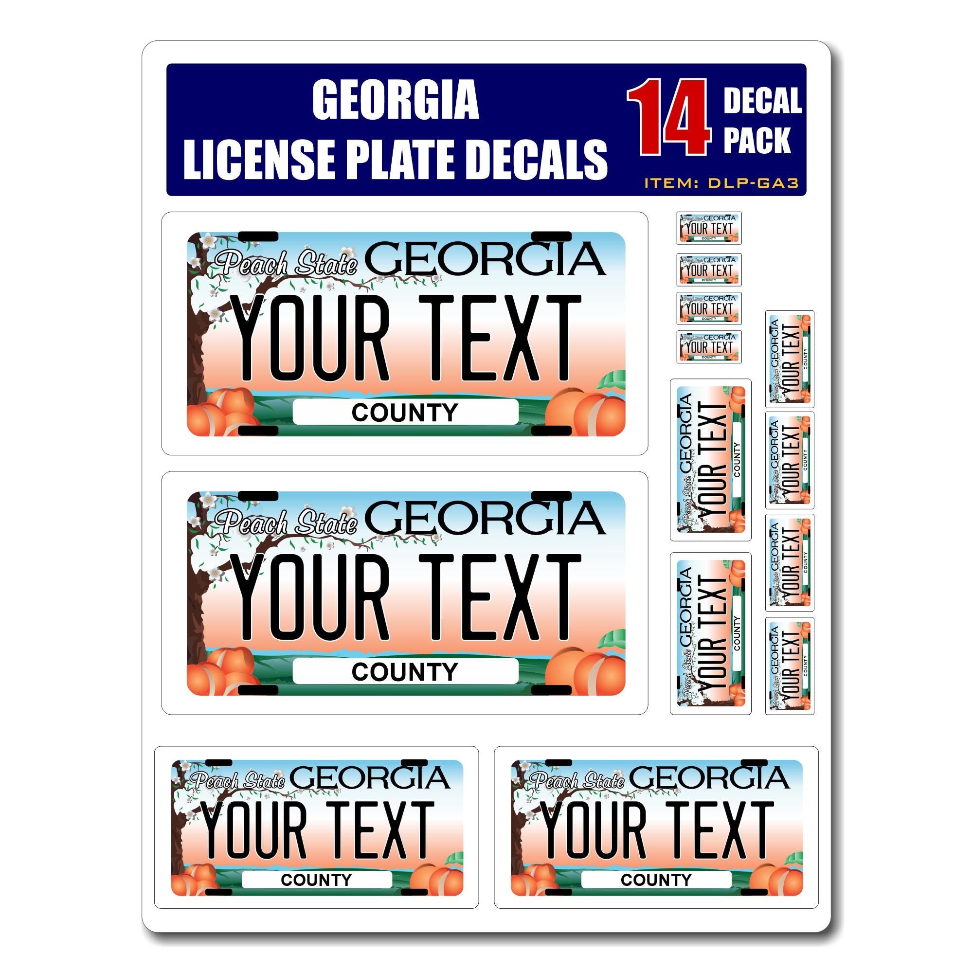 Personalized Georgia License Plate Decals - Stickers Version 3 ( Sheet of 14 Stickers )