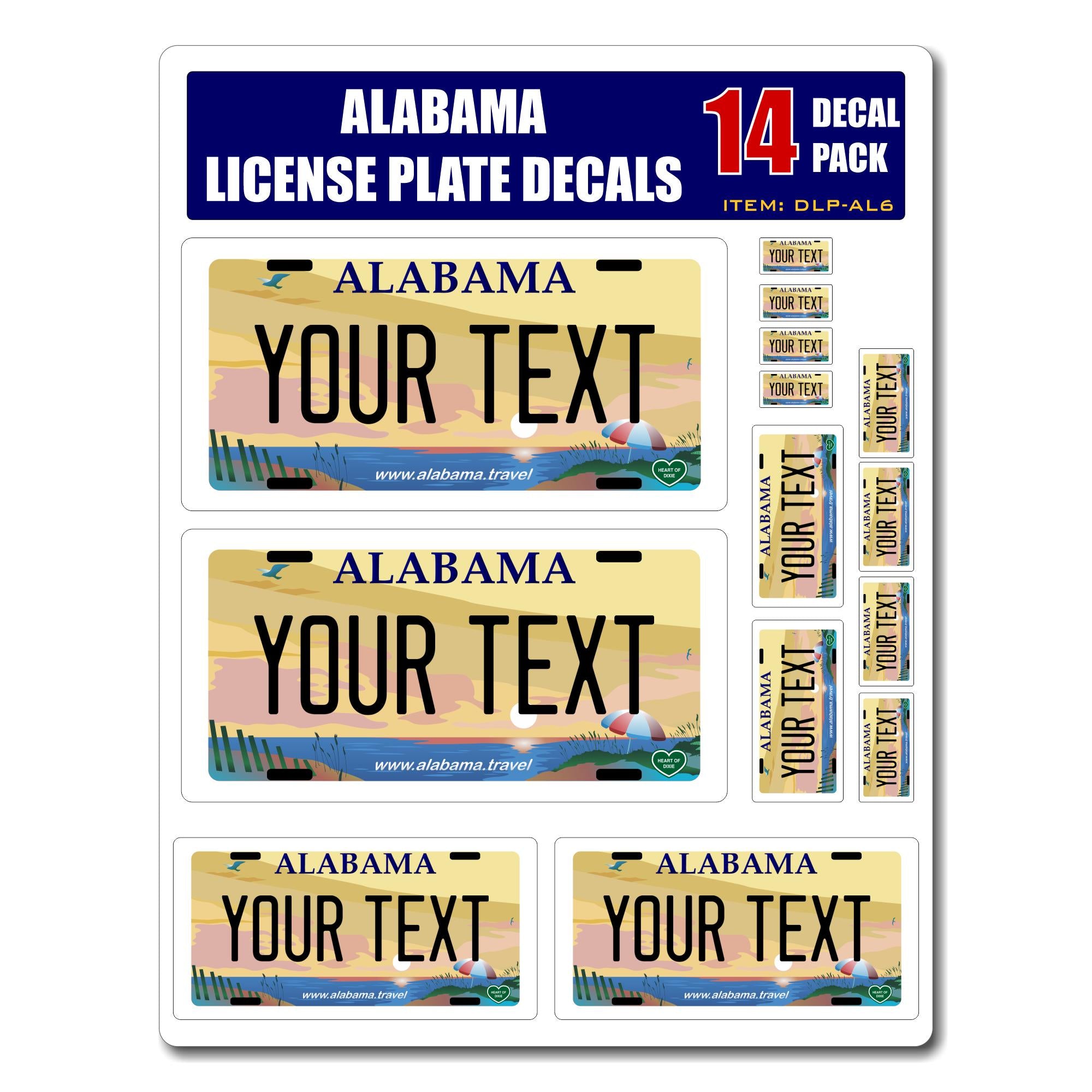 Personalized Alabama License Plate Decals - Stickers Version 6 ( Sheet of 14 Stickers )
