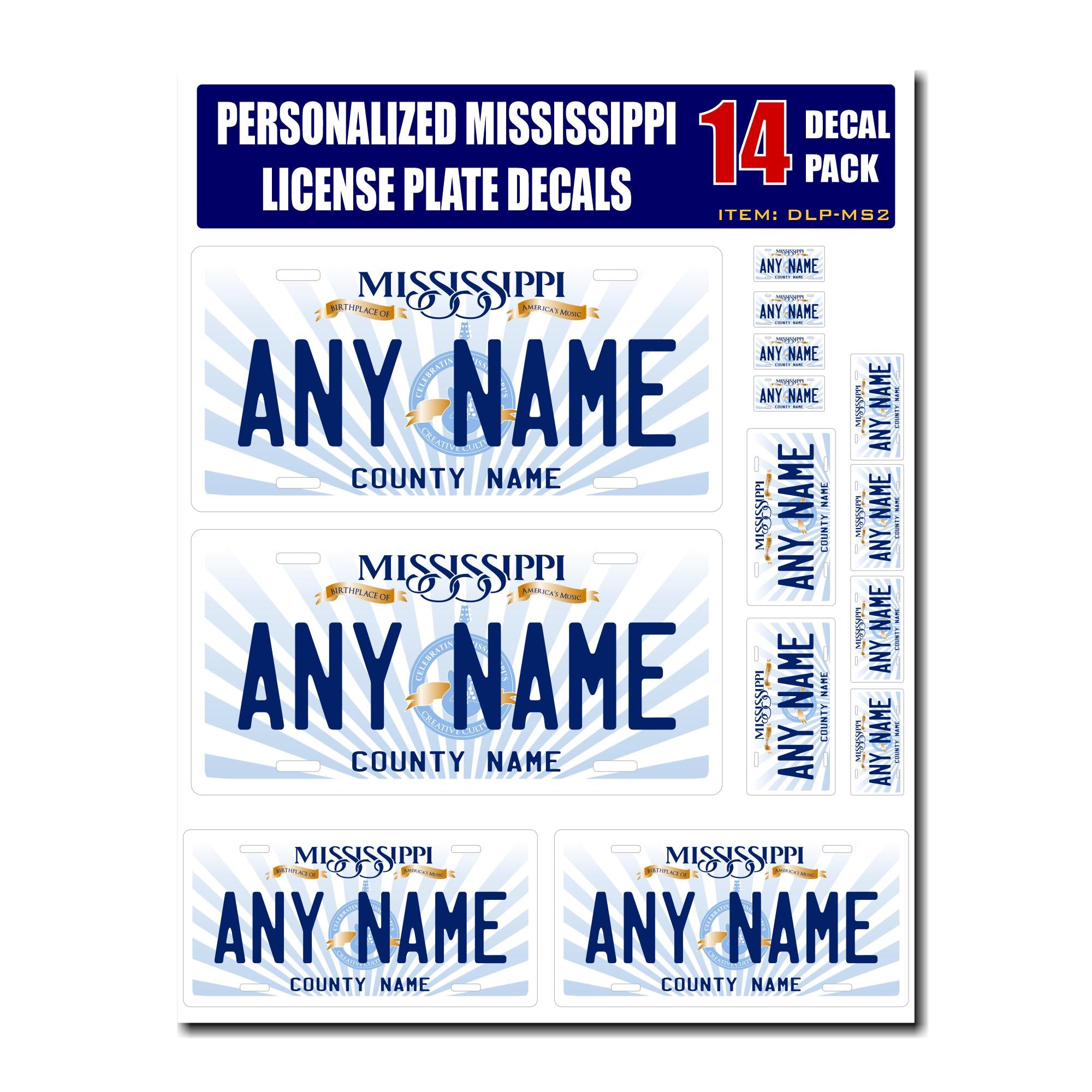 Personalized Mississippi License Plate Decals - Stickers Version 2 ( Sheet of 14 Stickers )