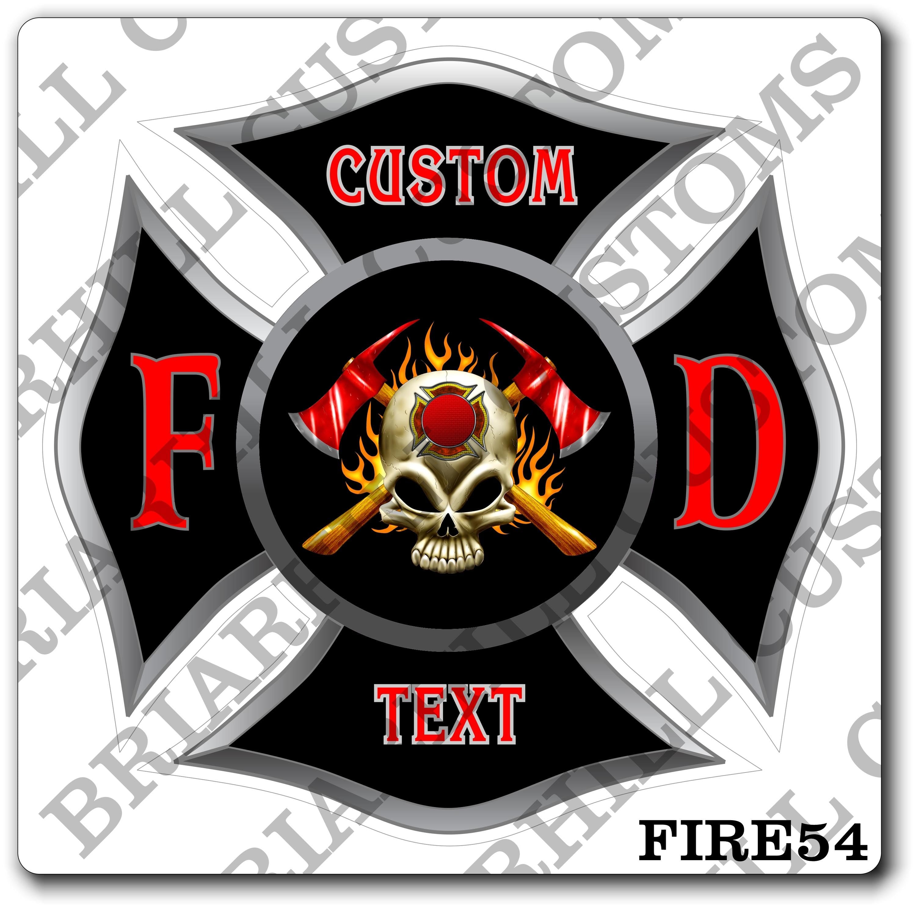 Custom Fire Department Black with Skull, Flames and Axes Maltese Decal, Sticker (FireDecal54)