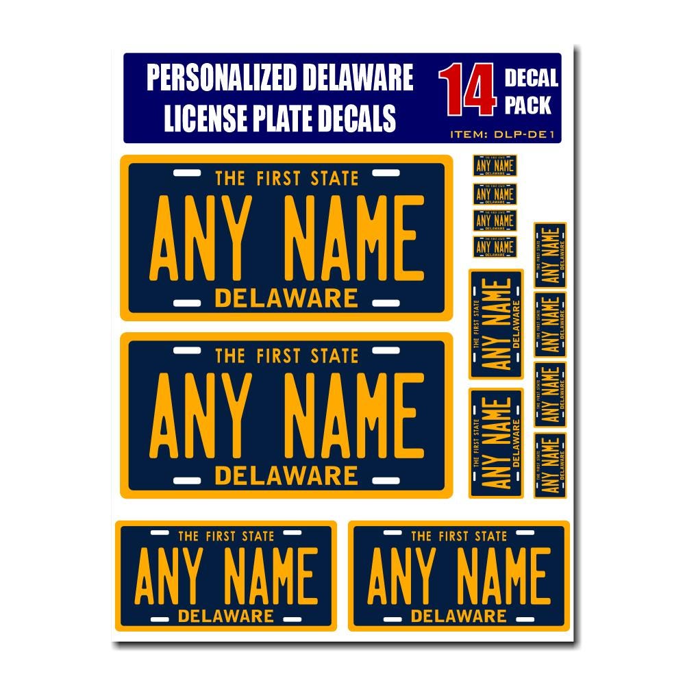 Personalized Delaware License Plate Decals - Stickers Version 1 ( Sheet of 14 Stickers )