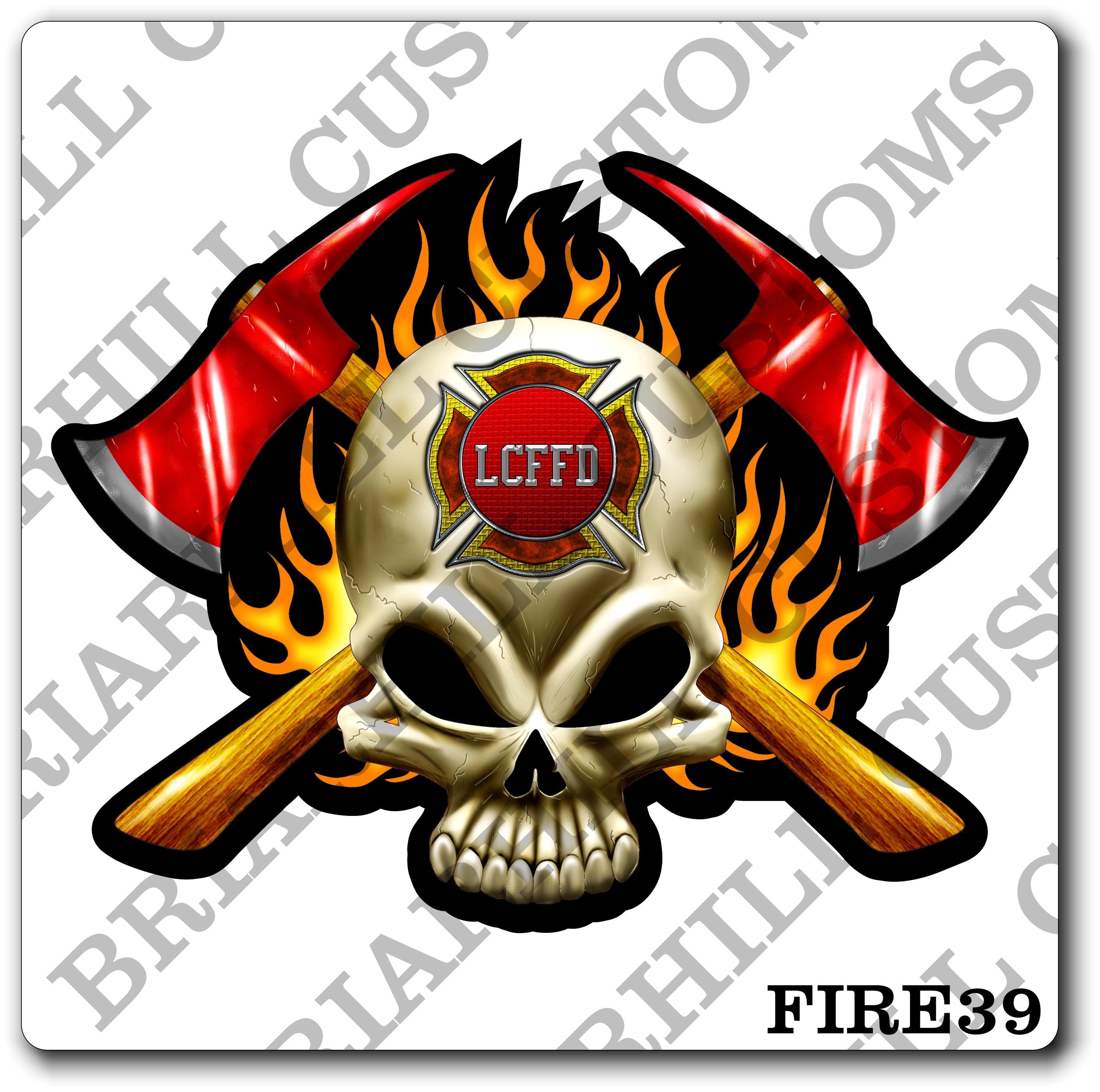 Custom Fire Department Black Skull & Axes Decal With Flames, Sticker (FireDecal39)