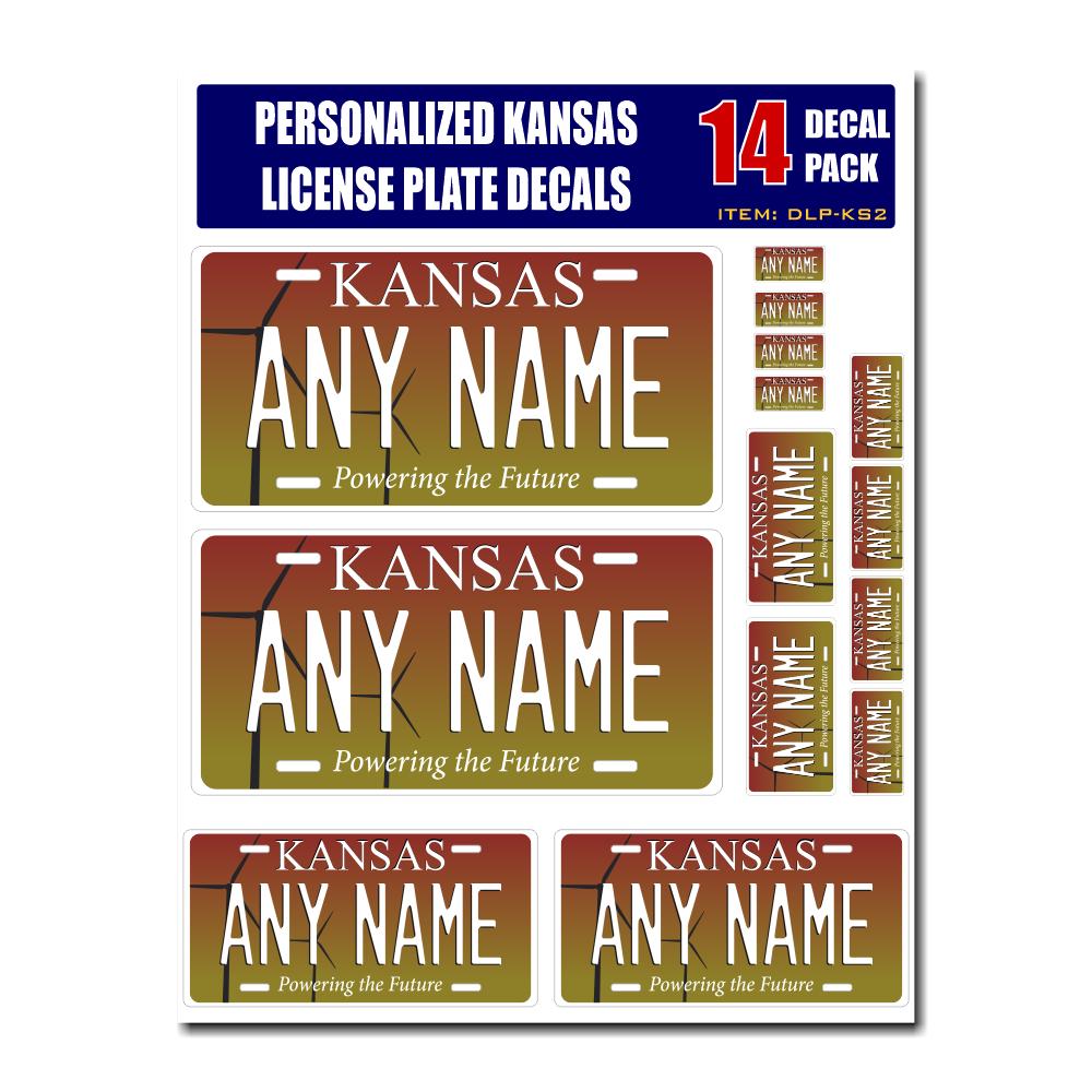 Personalized Kansas License Plate Decals - Stickers Version 2 ( Sheet of 14 Stickers )