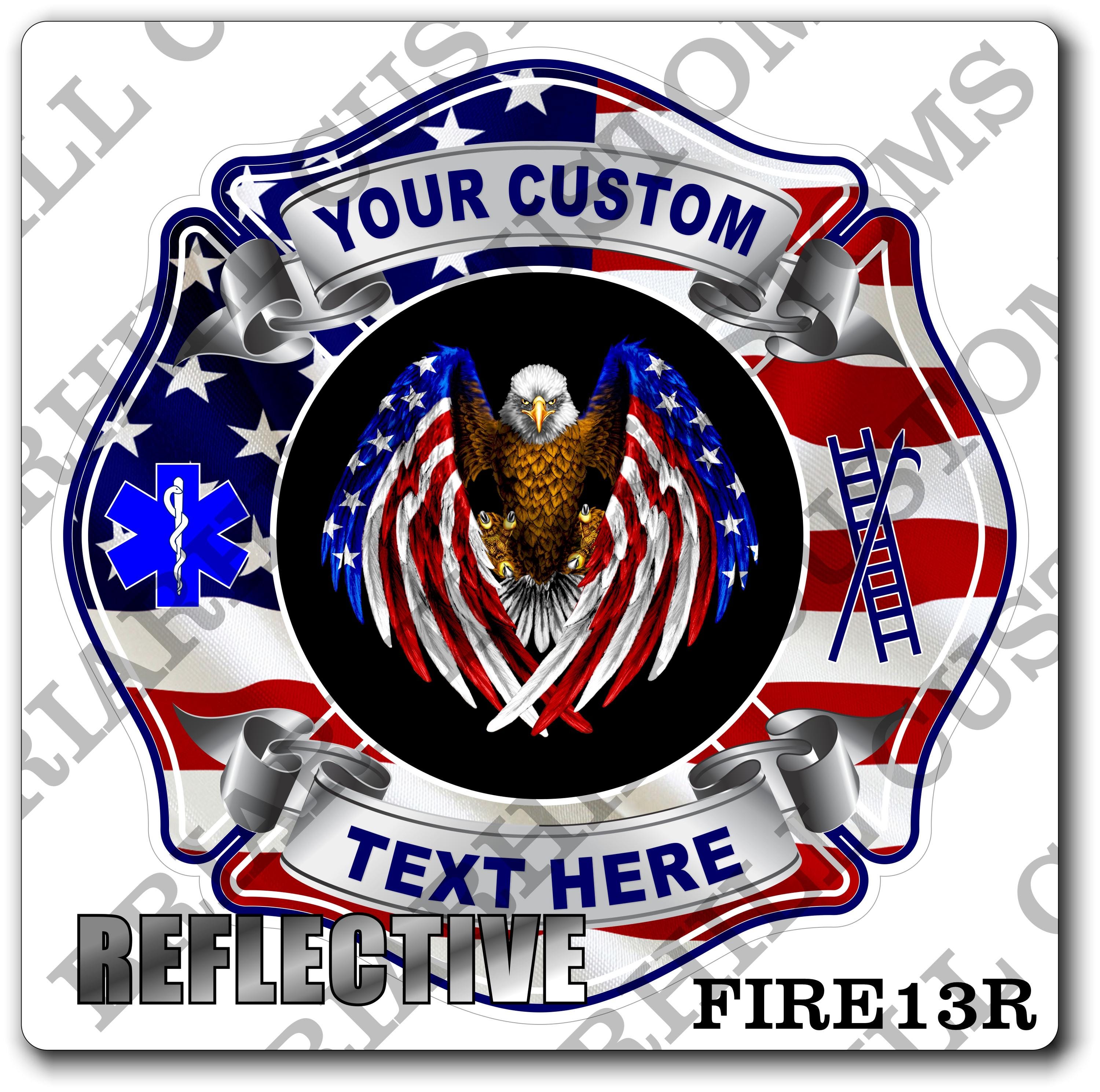 Custom Reflective Fire Department American Flag Eagle Maltese Decal, Sticker (FireDecal13R)