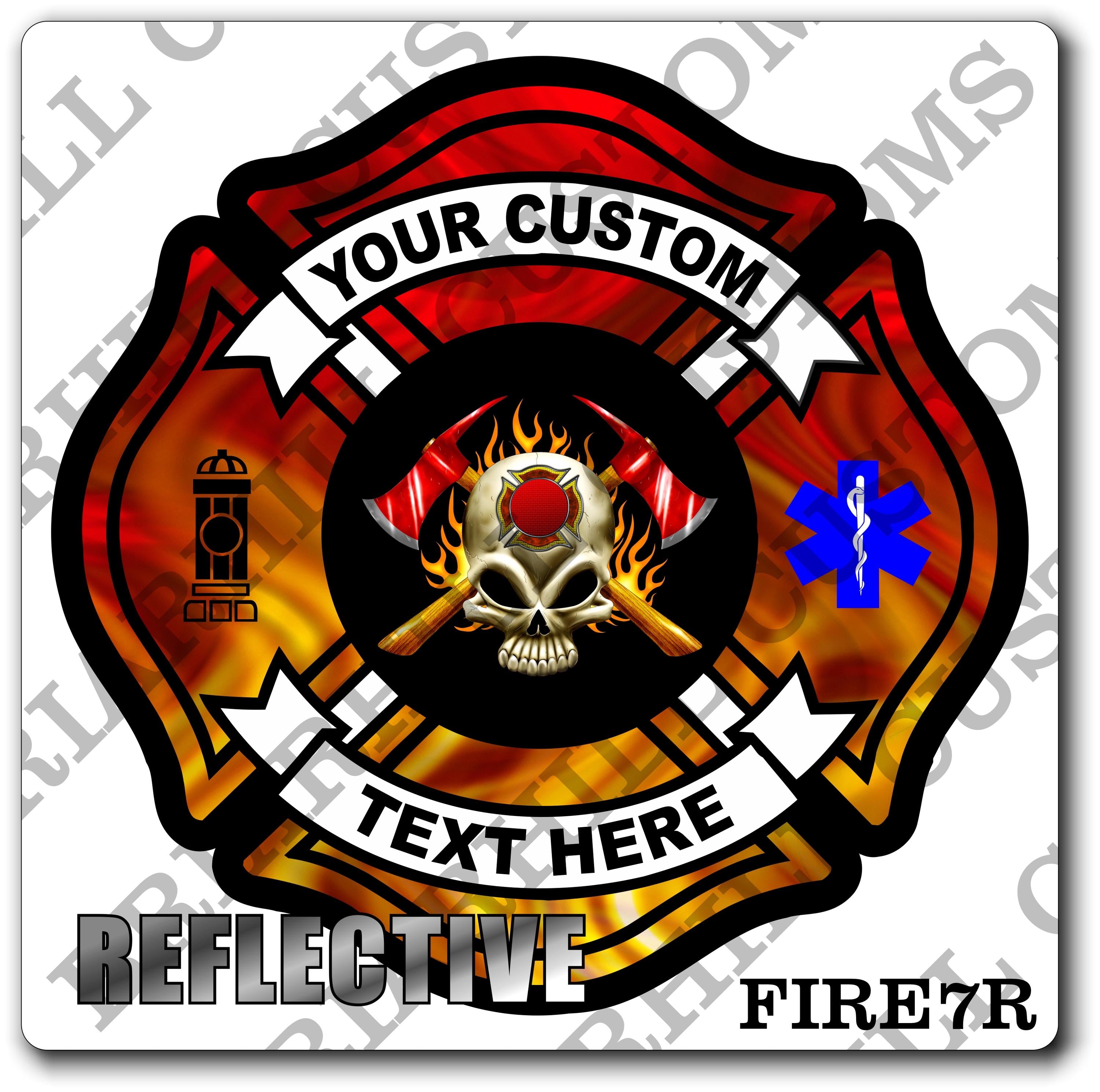 Custom Reflective Fire Department Flames Skull & Axes Maltese Decal, Sticker (FireDecal7R)