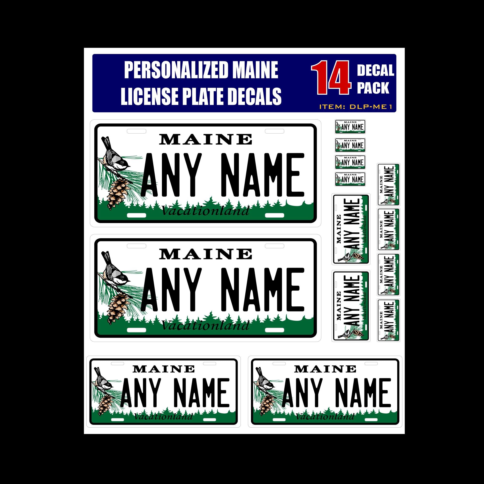 Personalized Maine License Plate Decals - Stickers Version  ( Sheet of 14 Stickers )