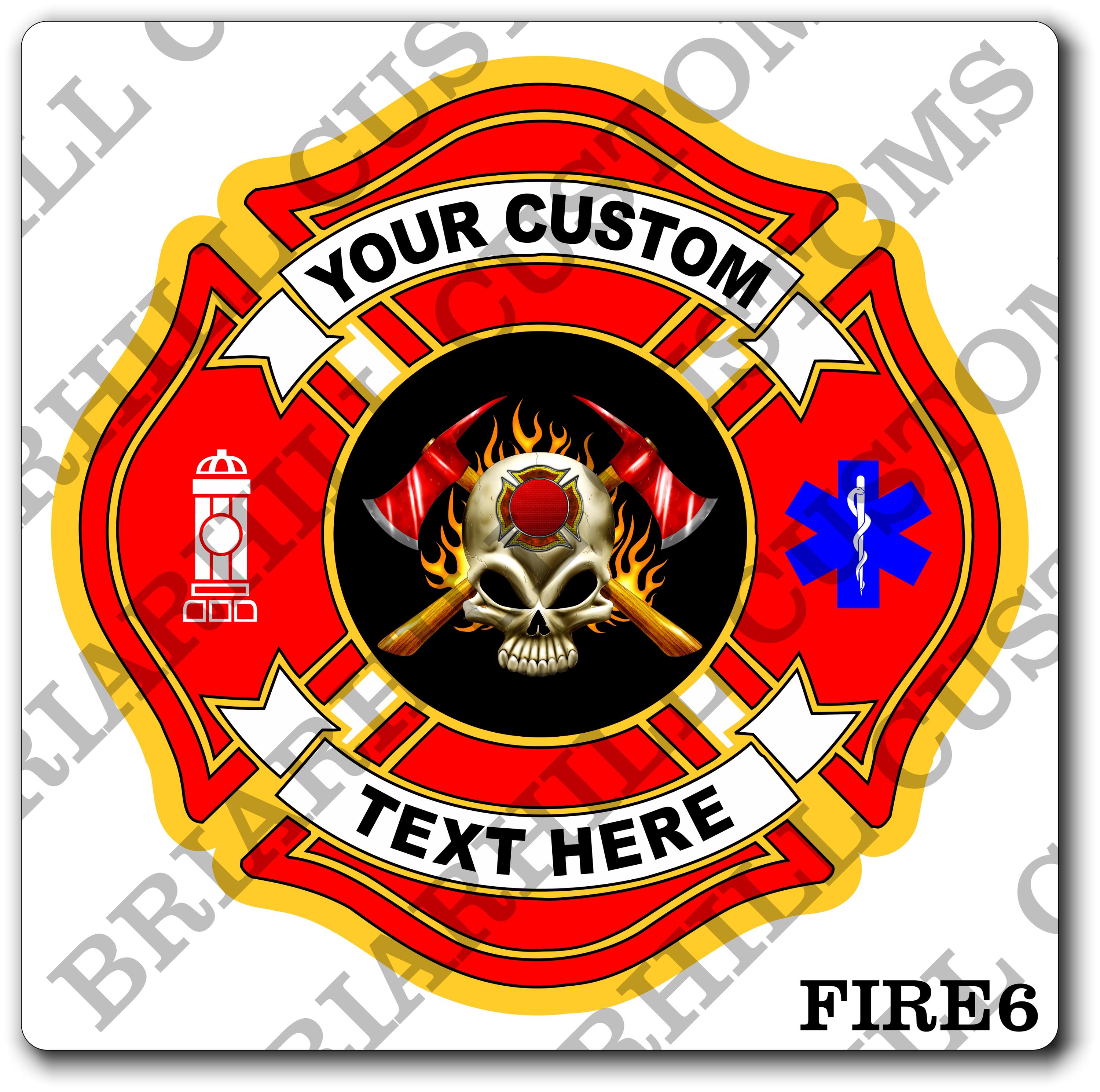 Custom Reflective Fire Department Skull & Axes Maltese Decal, Sticker (FireDecal6R)