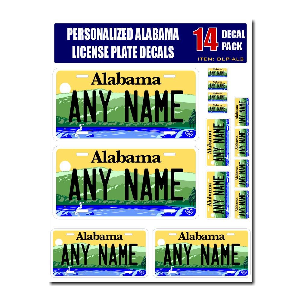 Personalized Alabama License Plate Decals - Stickers Version 3 ( Sheet of 14 Stickers )