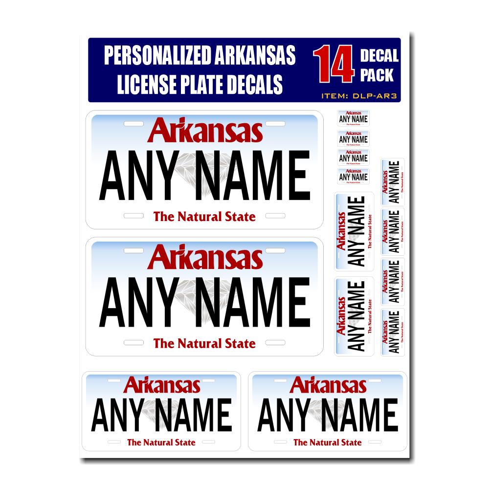 Personalized Arkansas License Plate Decals - Stickers Version 3 ( Sheet of 14 Stickers )