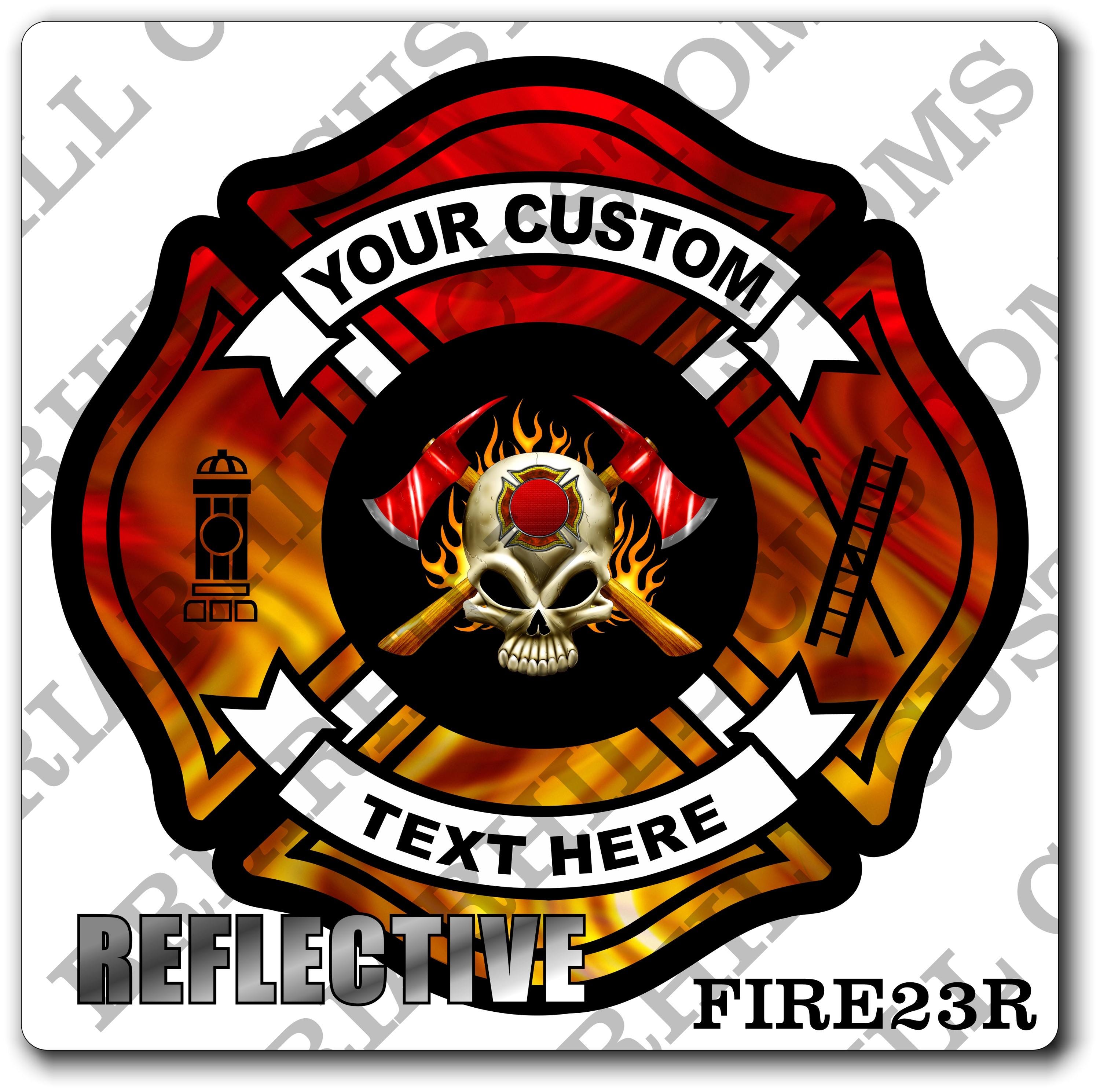 Custom Reflective Fire Department Flames Skull & Axes Maltese Decal, Sticker (FireDecal23R)