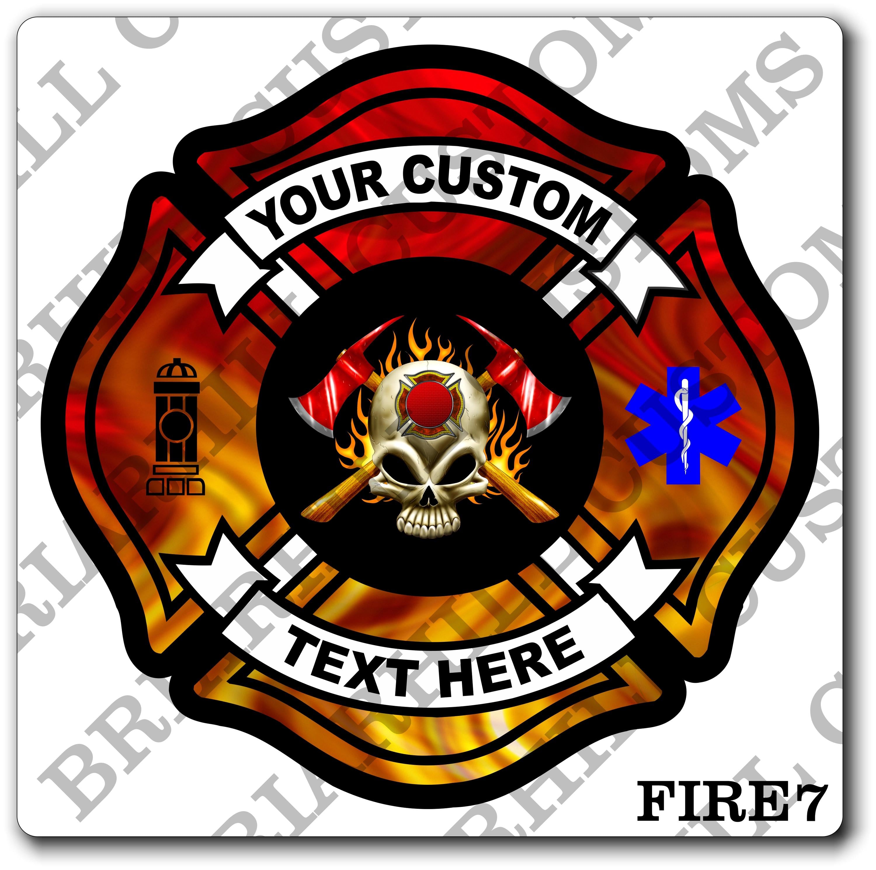 Custom Fire Department Flames Skull & Axes Maltese Decal, Sticker (FireDecal7)