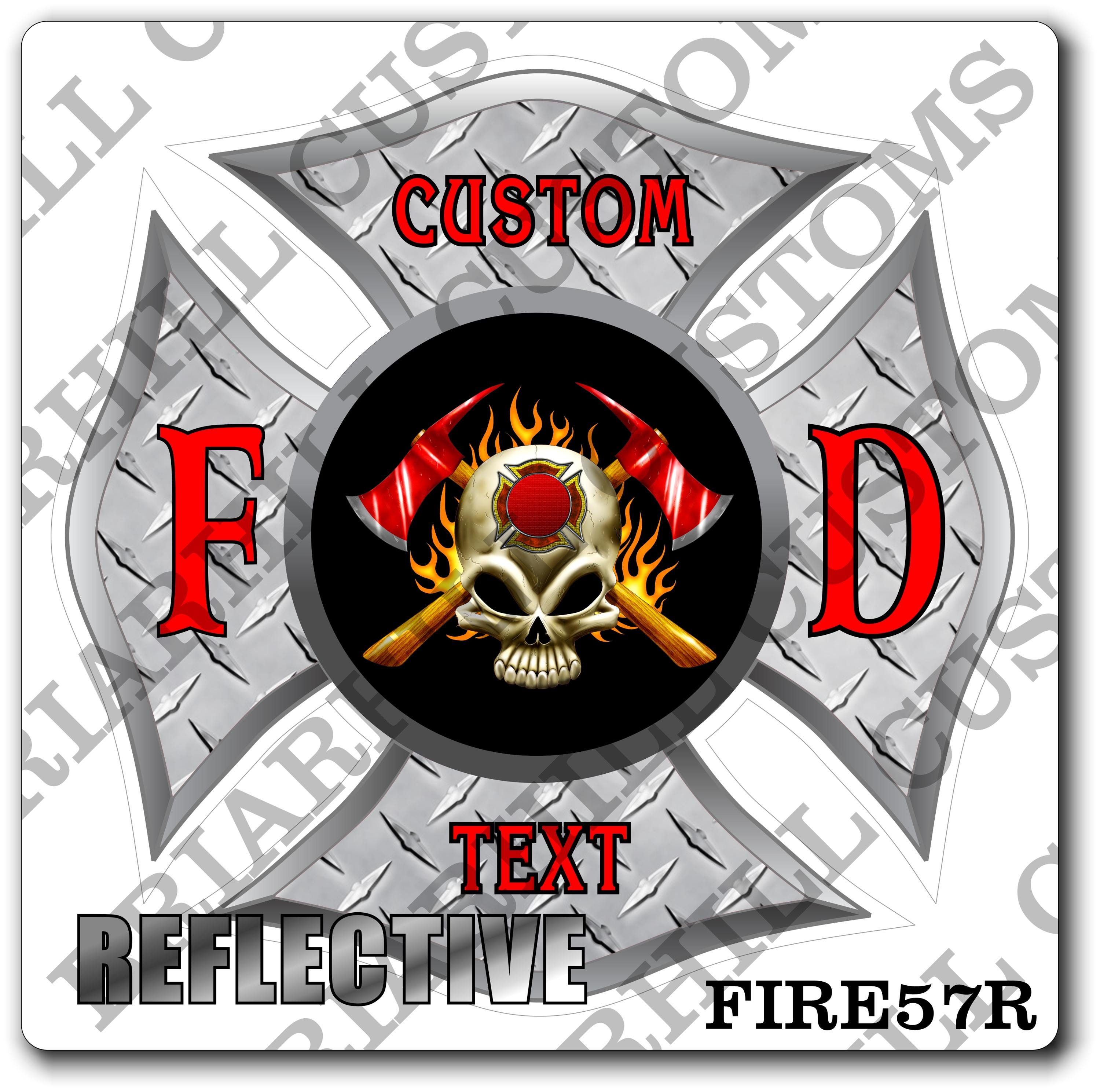 Custom Reflective Fire Department Diamond Plate Maltese with Skull and Axes Decal, Sticker (FireDecal57R)
