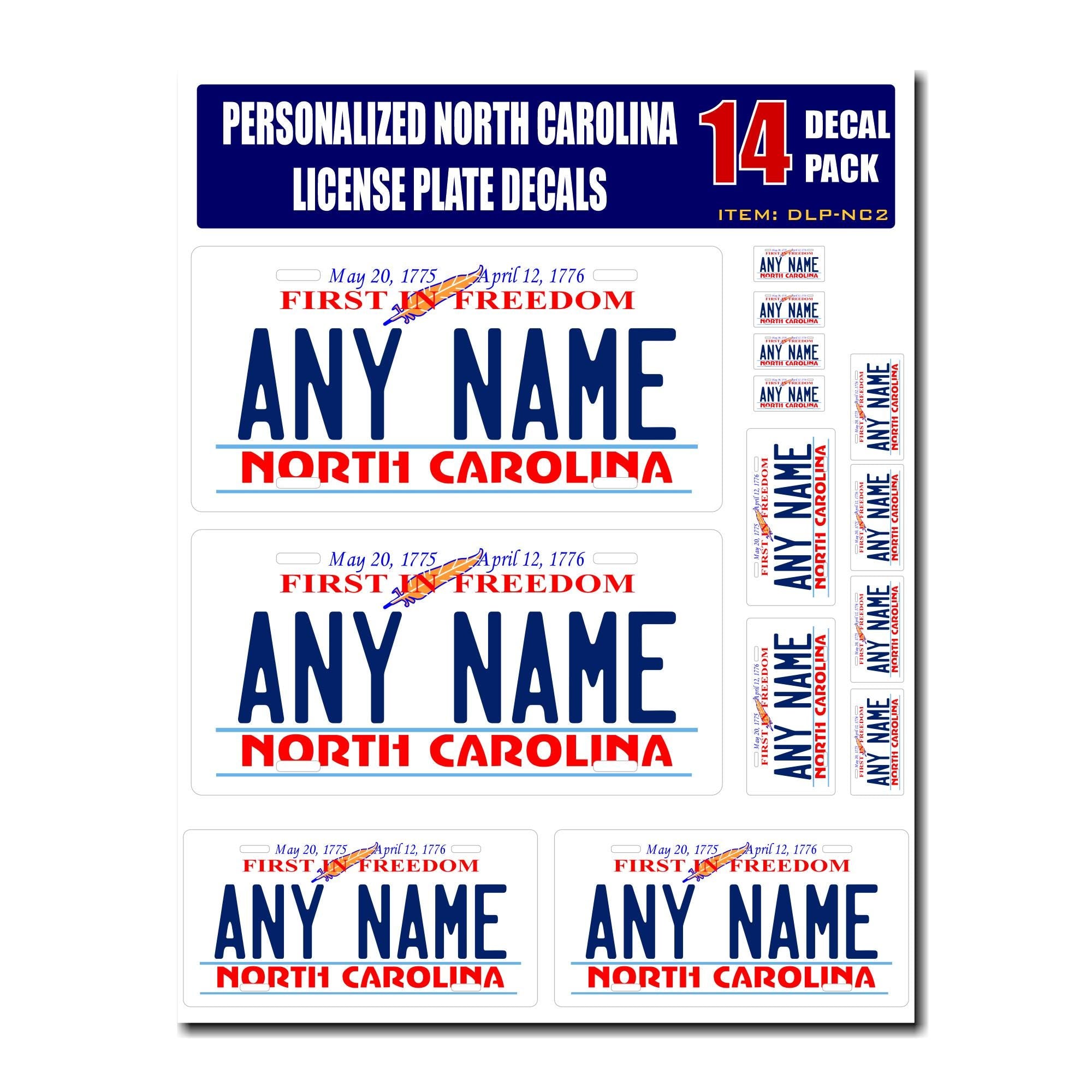 Personalized North Carolina License Plate Decals - Stickers Version 2 ( Sheet of 14 Stickers )