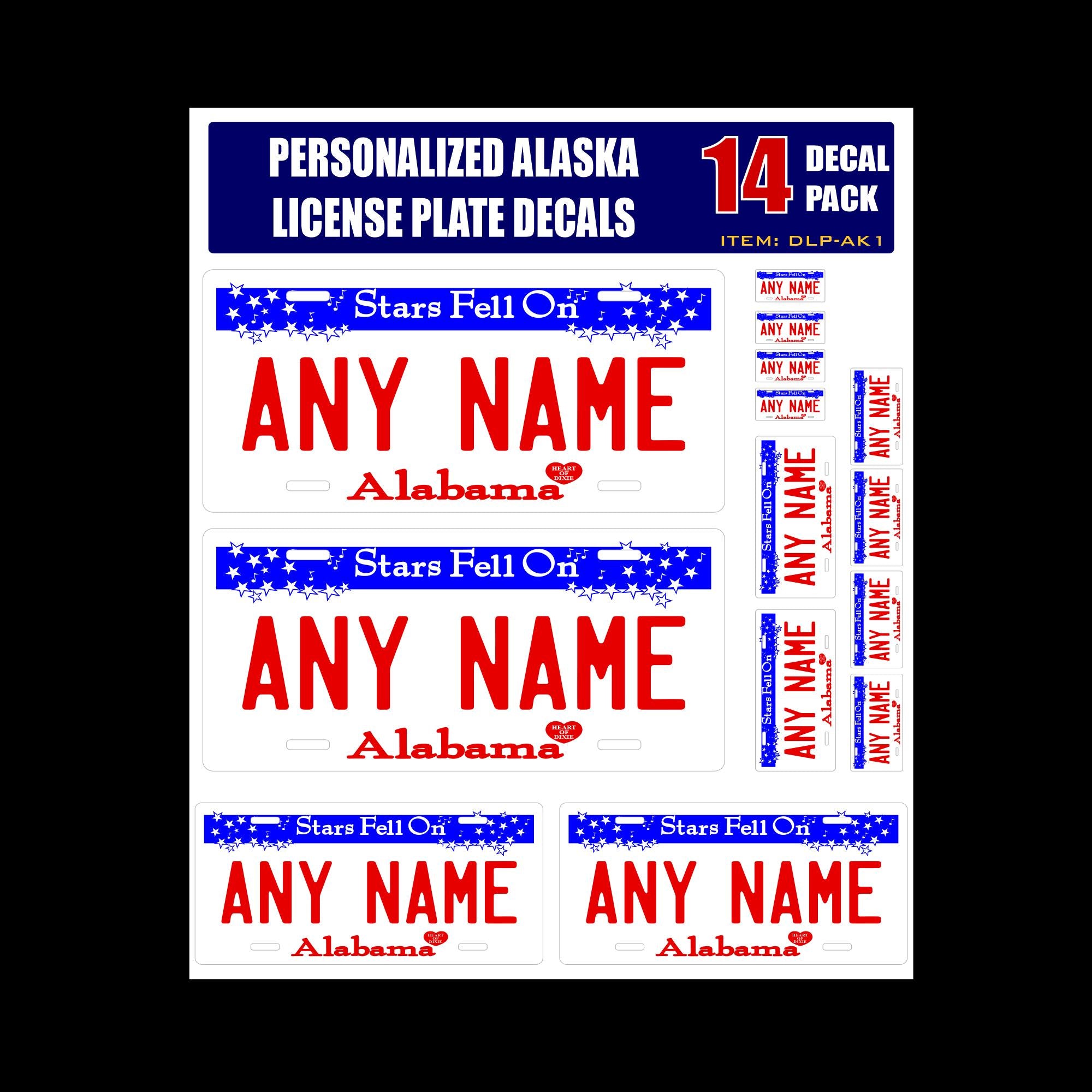Personalized Alabama License Plate Decals - Stickers Version 1 ( Sheet of 14 Stickers )