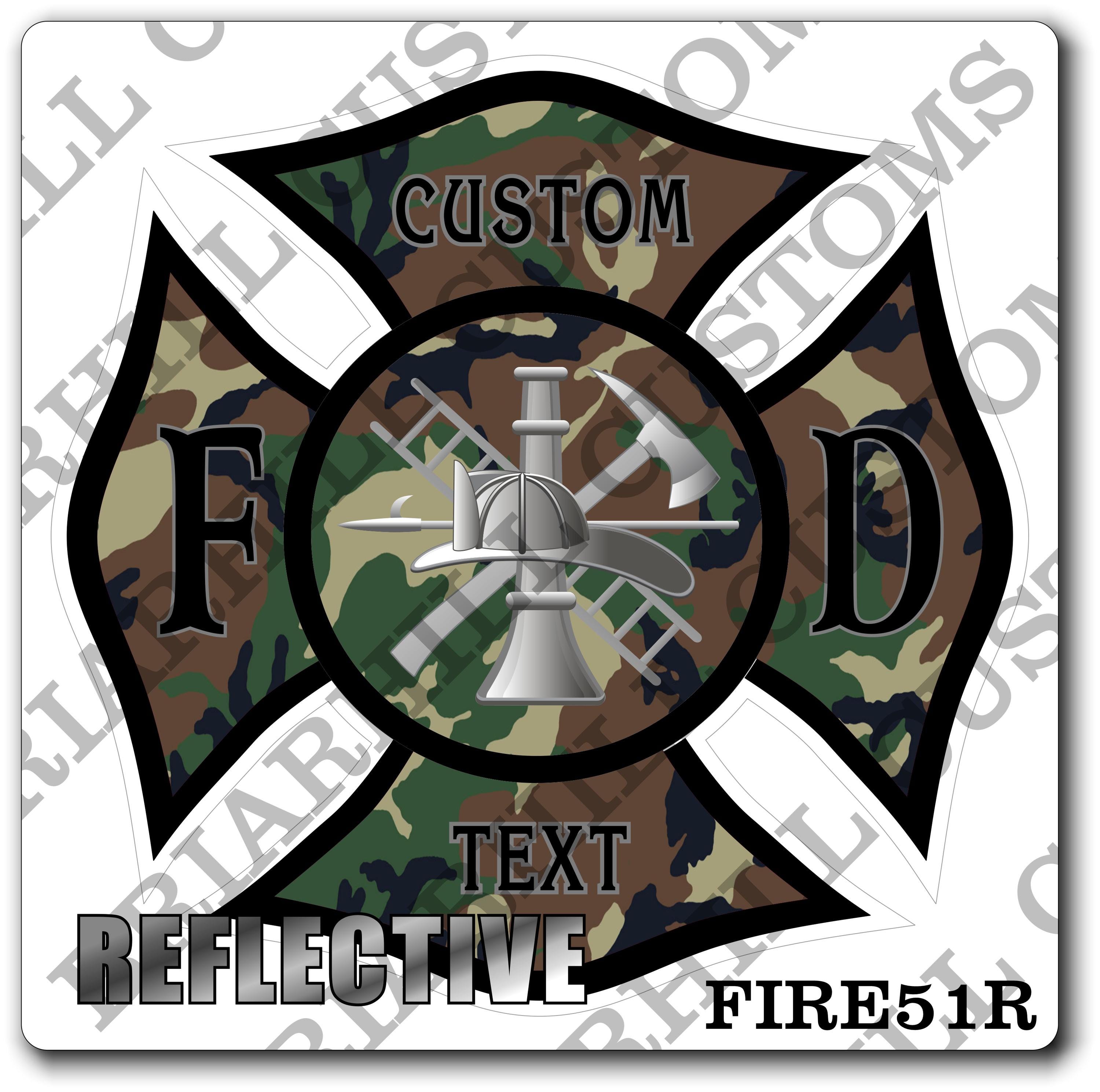 Custom Reflective Fire Department Woodland Camo Maltese Decal, Sticker (FireDecal51R)