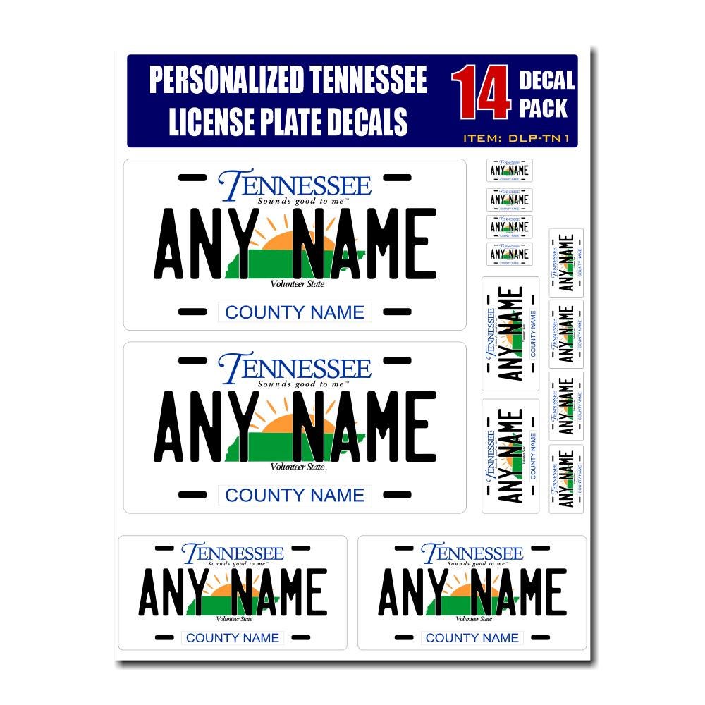Personalized Tennessee License Plate Decals - Stickers Version 1 ( Sheet of 14 Stickers )