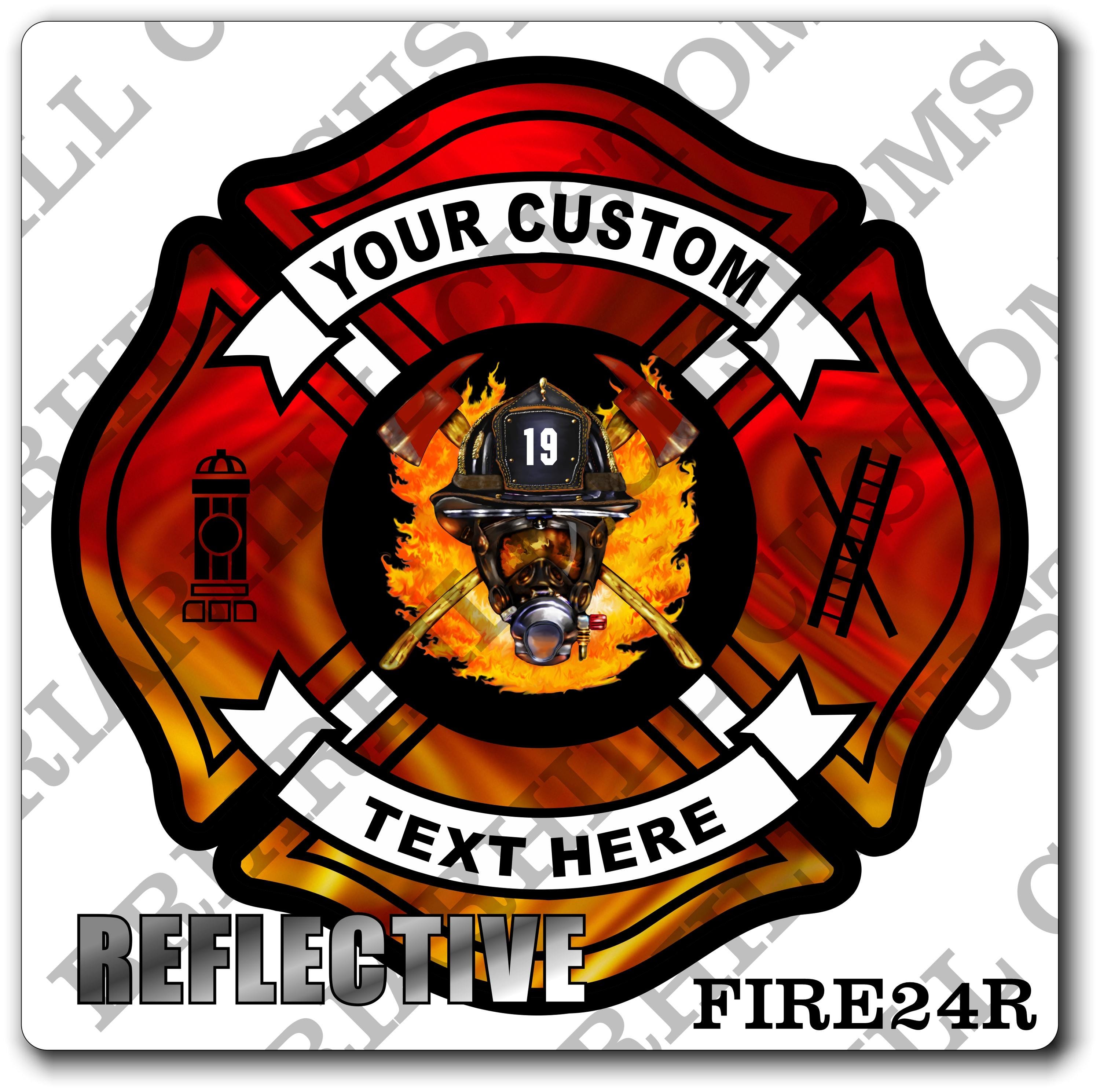 Custom Reflective Fire Department Flames Helmet & Axes Maltese Decal, Sticker (FireDecal24R)