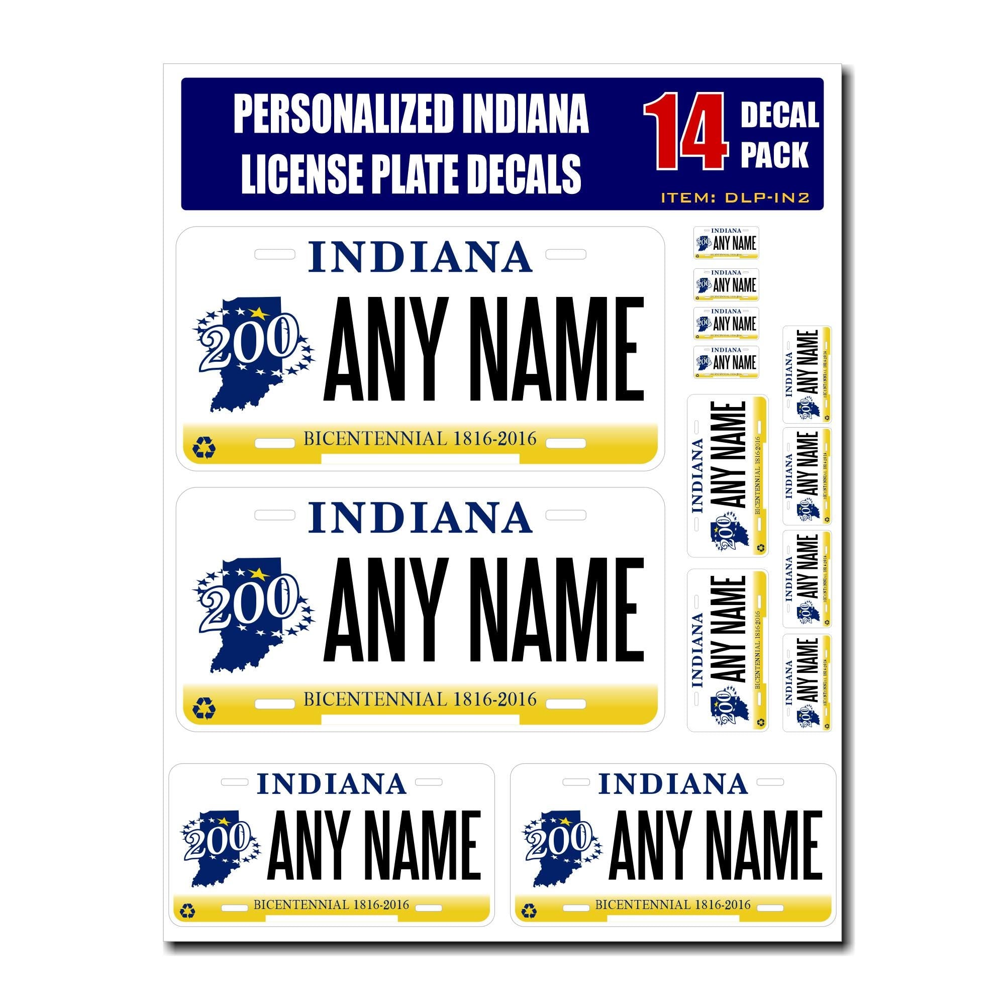 Personalized Indiana License Plate Decals - Stickers Version 2 ( Sheet of 14 Stickers )