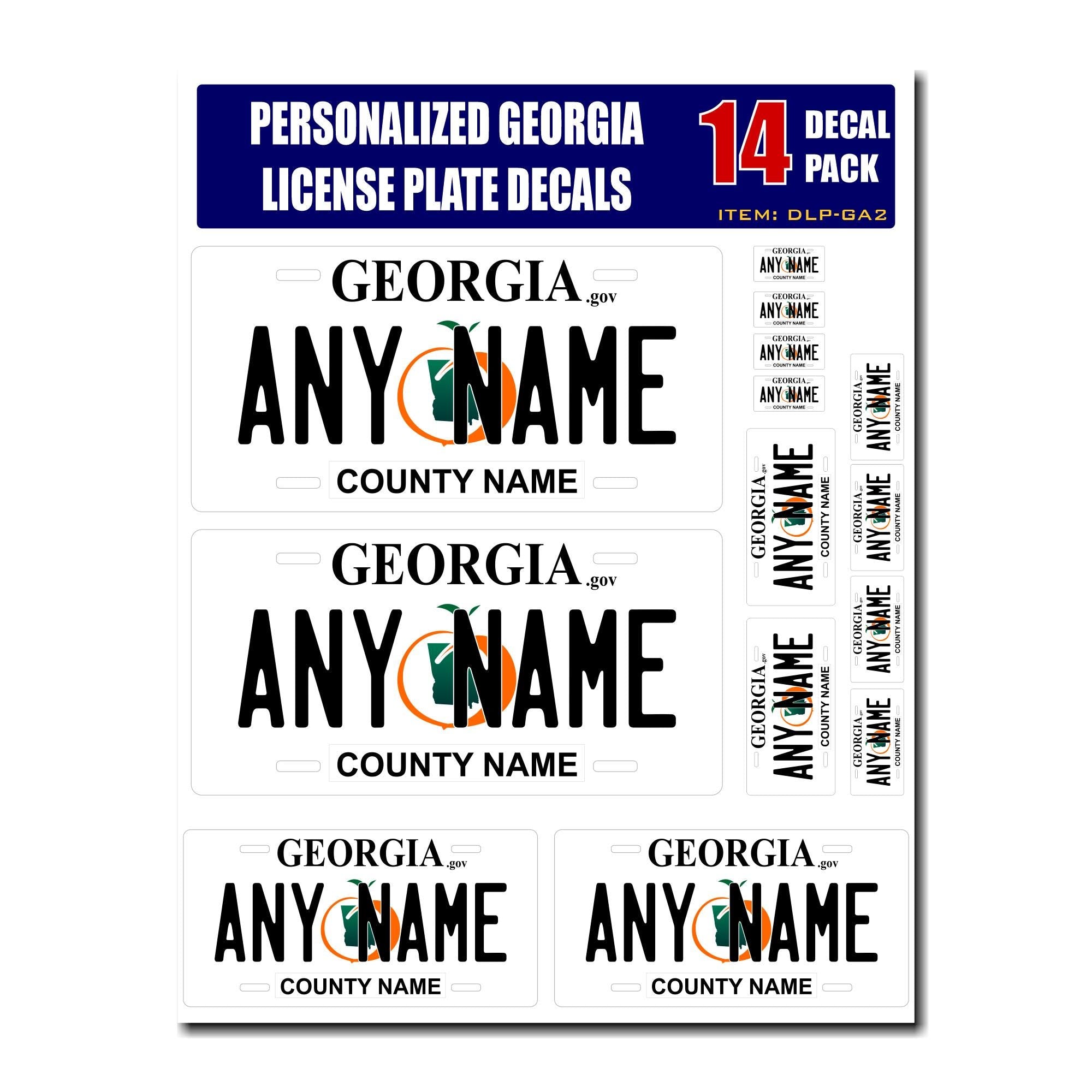 Personalized Georgia License Plate Decals - Stickers Version 2 ( Sheet of 14 Stickers )