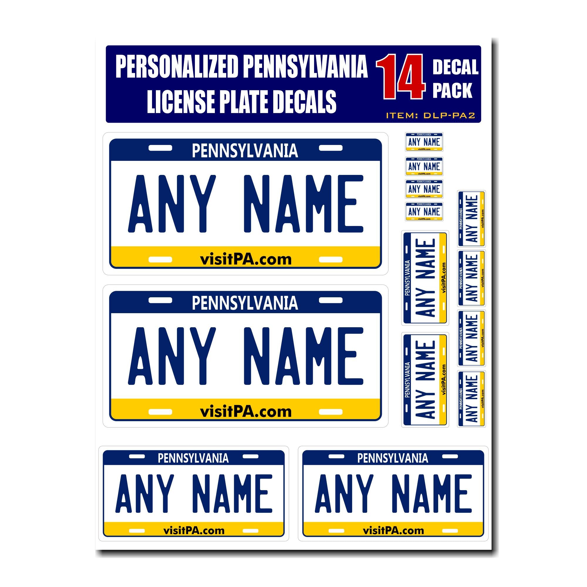 Personalized Pennsylvania License Plate Decals - Stickers Version 2 ( Sheet of 14 Stickers )
