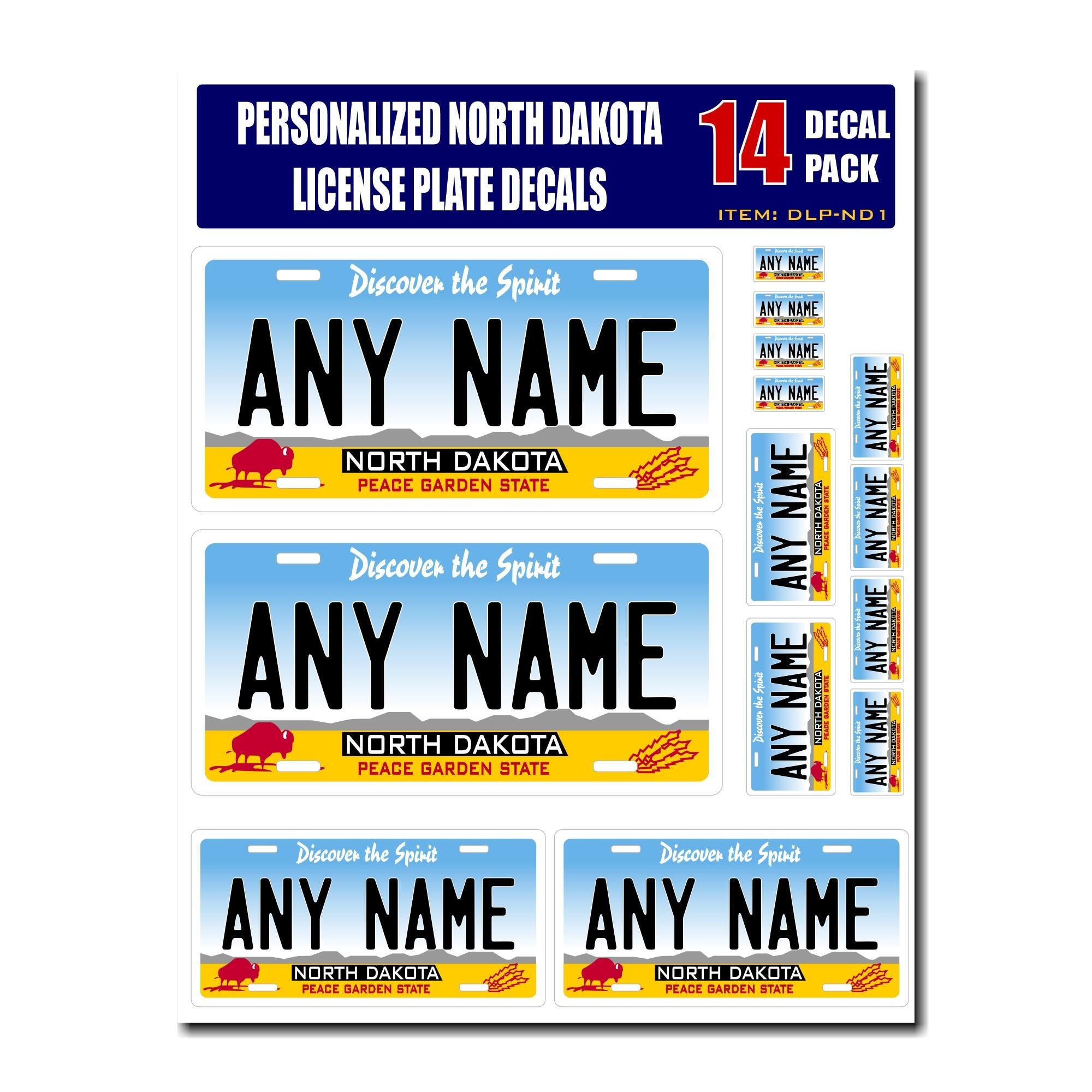 Personalized North Dakota License Plate Decals - Stickers Version 1 ( Sheet of 14 Stickers )