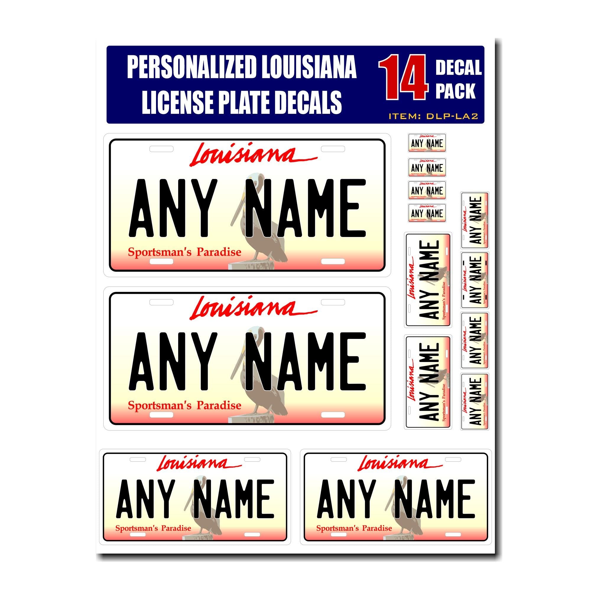 Personalized Louisiana License Plate Decals - Stickers Version 2 ( Sheet of 14 Stickers )